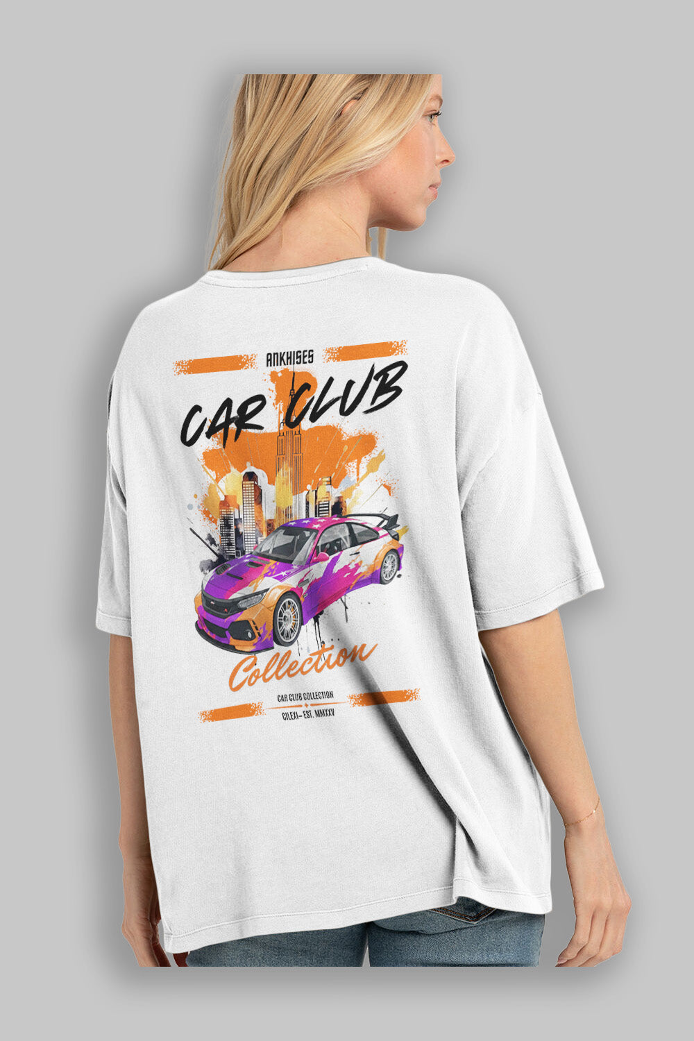 Araba Club Serisi 9 Baskılı Oversize t-shirt Erkek Kadın %100 Pamuk Bisiklet Yaka tişort