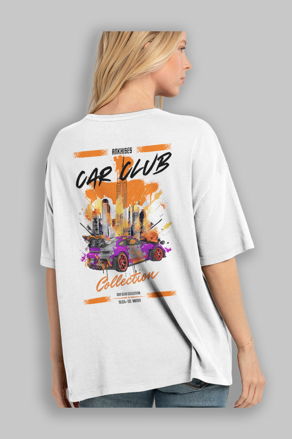 Araba Club Serisi 5 Baskılı Oversize t-shirt Erkek Kadın %100 Pamuk Bisiklet Yaka tişort