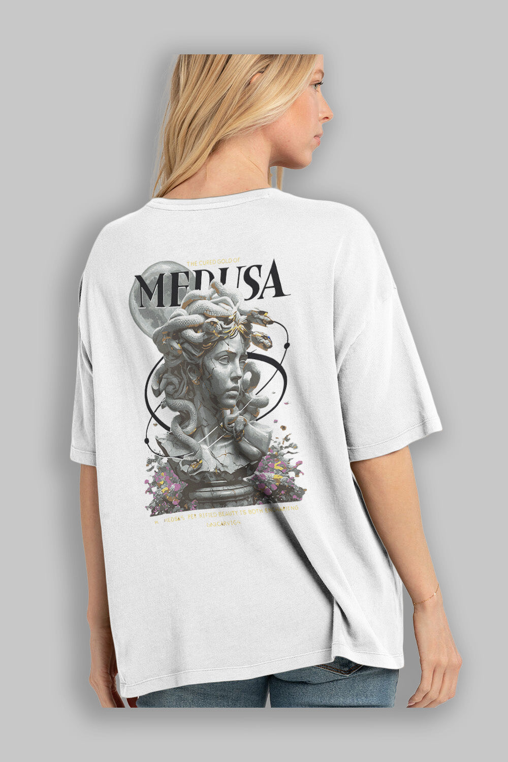 Medusa Arka Baskılı Oversize t-shirt Erkek Kadın %100 Pamuk Bisiklet Yaka tişort