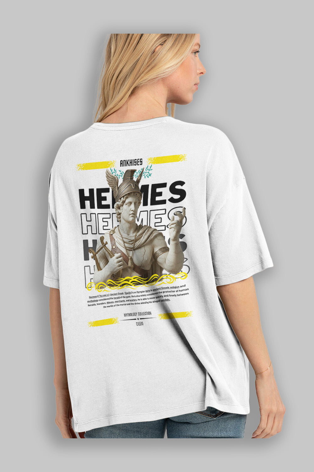 Hermes 2 Arka Baskılı Oversize t-shirt Erkek Kadın %100 Pamuk Bisiklet Yaka tişort