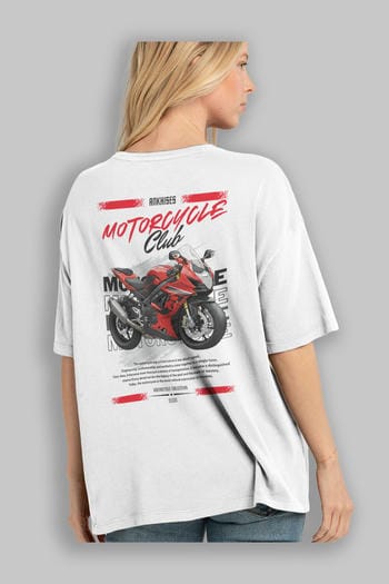 Motosiklet Serisi 5 Arka Baskılı Oversize t-shirt Erkek Kadın %100 Pamuk Bisiklet Yaka tişort