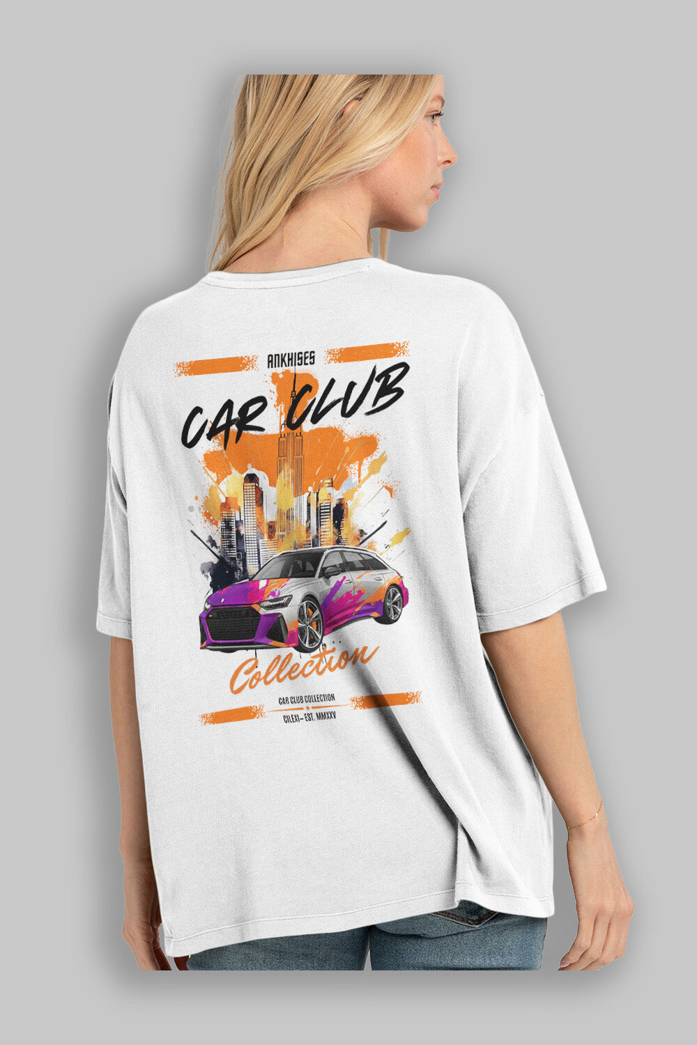 Araba Club Serisi 3 Baskılı Oversize t-shirt Erkek Kadın %100 Pamuk Bisiklet Yaka tişort