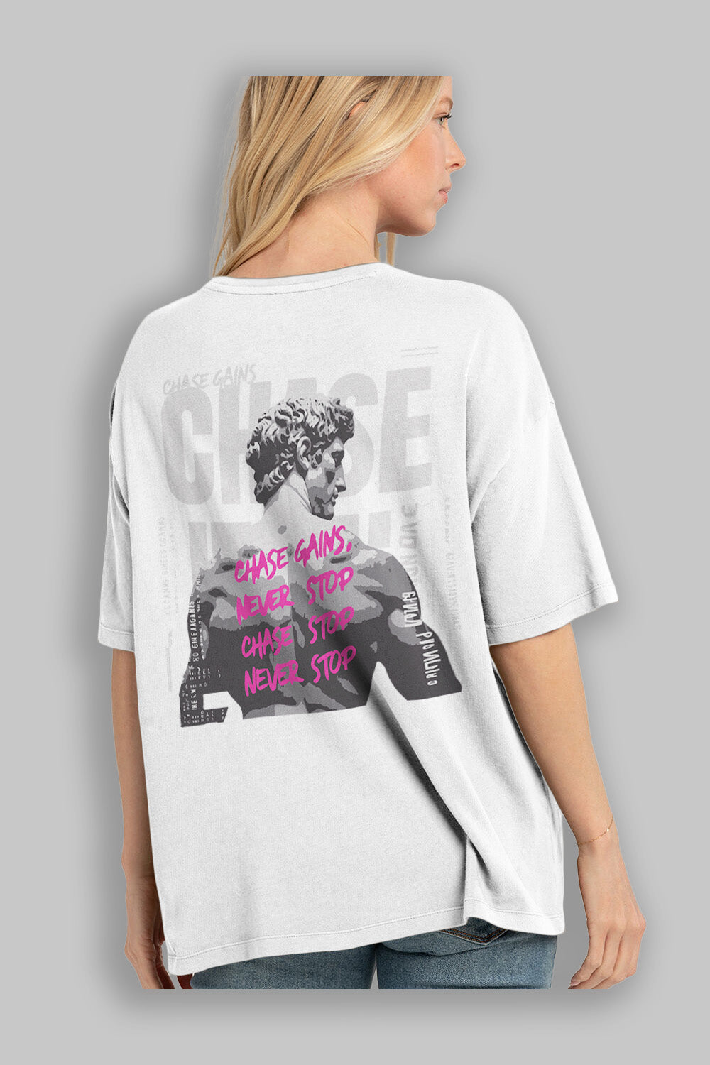Chase Gains Arka Baskılı Oversize t-shirt Erkek Kadın %100 Pamuk Bisiklet Yaka tişort