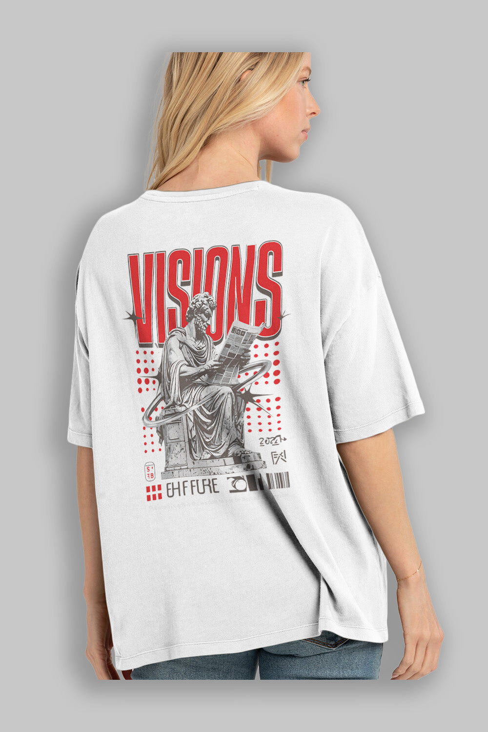 Visions Arka Baskılı Oversize t-shirt Erkek Kadın %100 Pamuk Bisiklet Yaka tişort