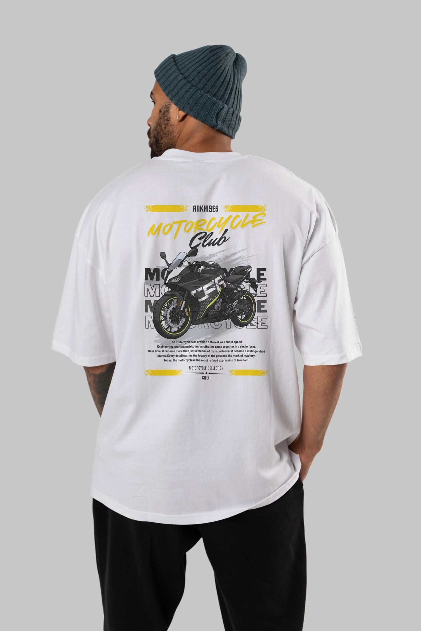 Motosiklet Serisi 16 Arka Baskılı Oversize t-shirt Erkek Kadın %100 Pamuk Bisiklet Yaka tişort