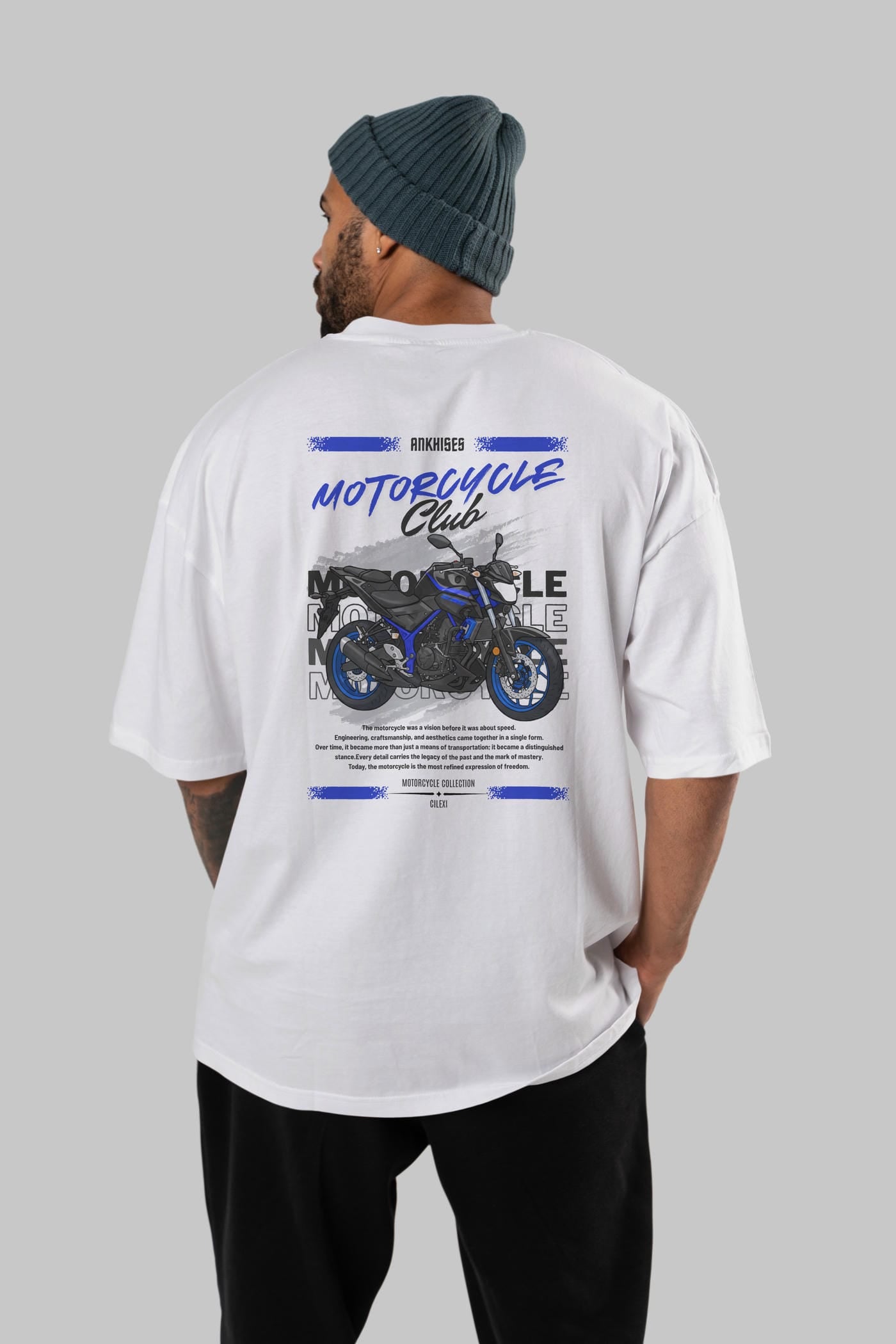 Motosiklet Serisi 22 Arka Baskılı Oversize t-shirt Erkek Kadın %100 Pamuk Bisiklet Yaka tişort