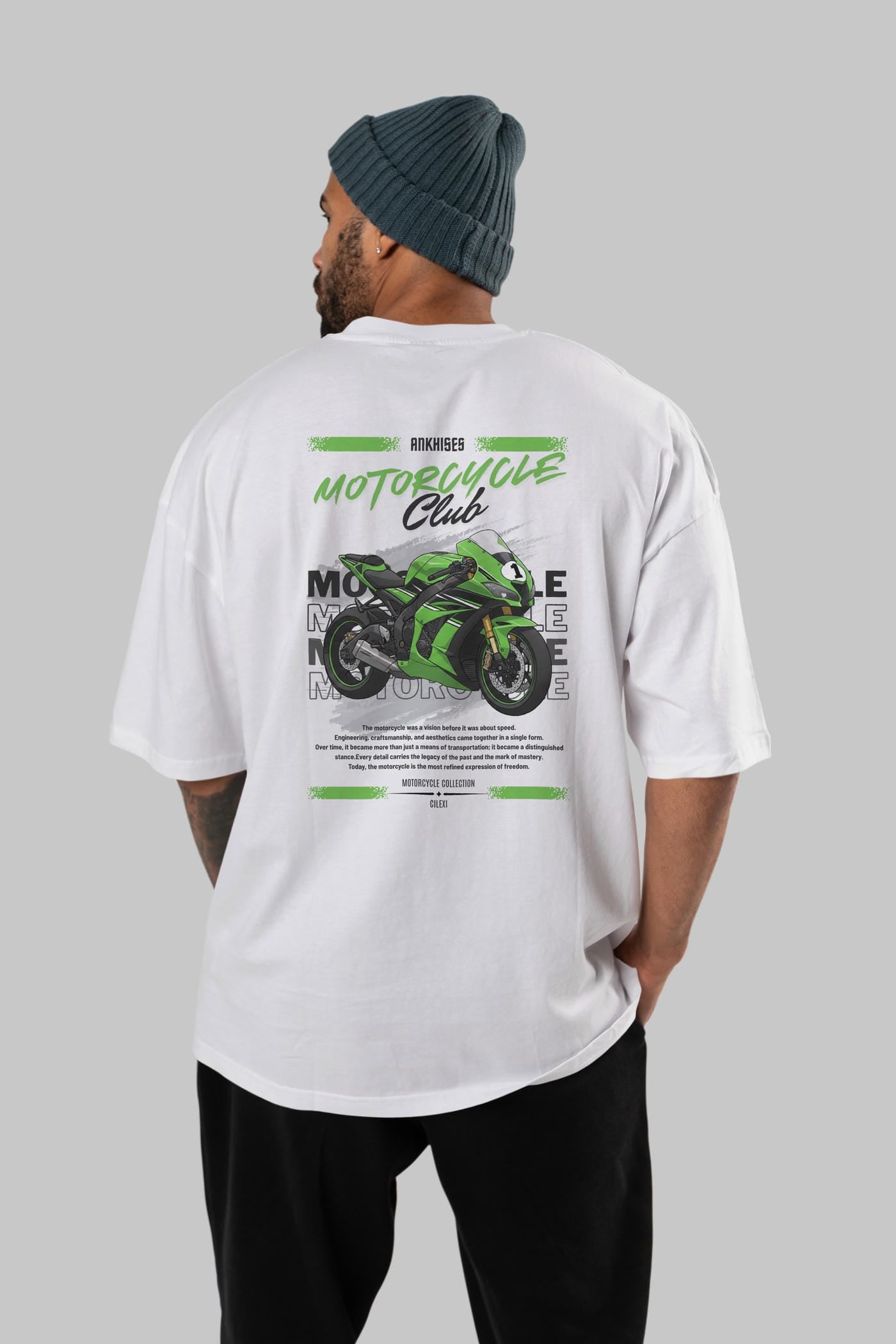 Motosiklet Serisi 6 Arka Baskılı Oversize t-shirt Erkek Kadın %100 Pamuk Bisiklet Yaka tişort