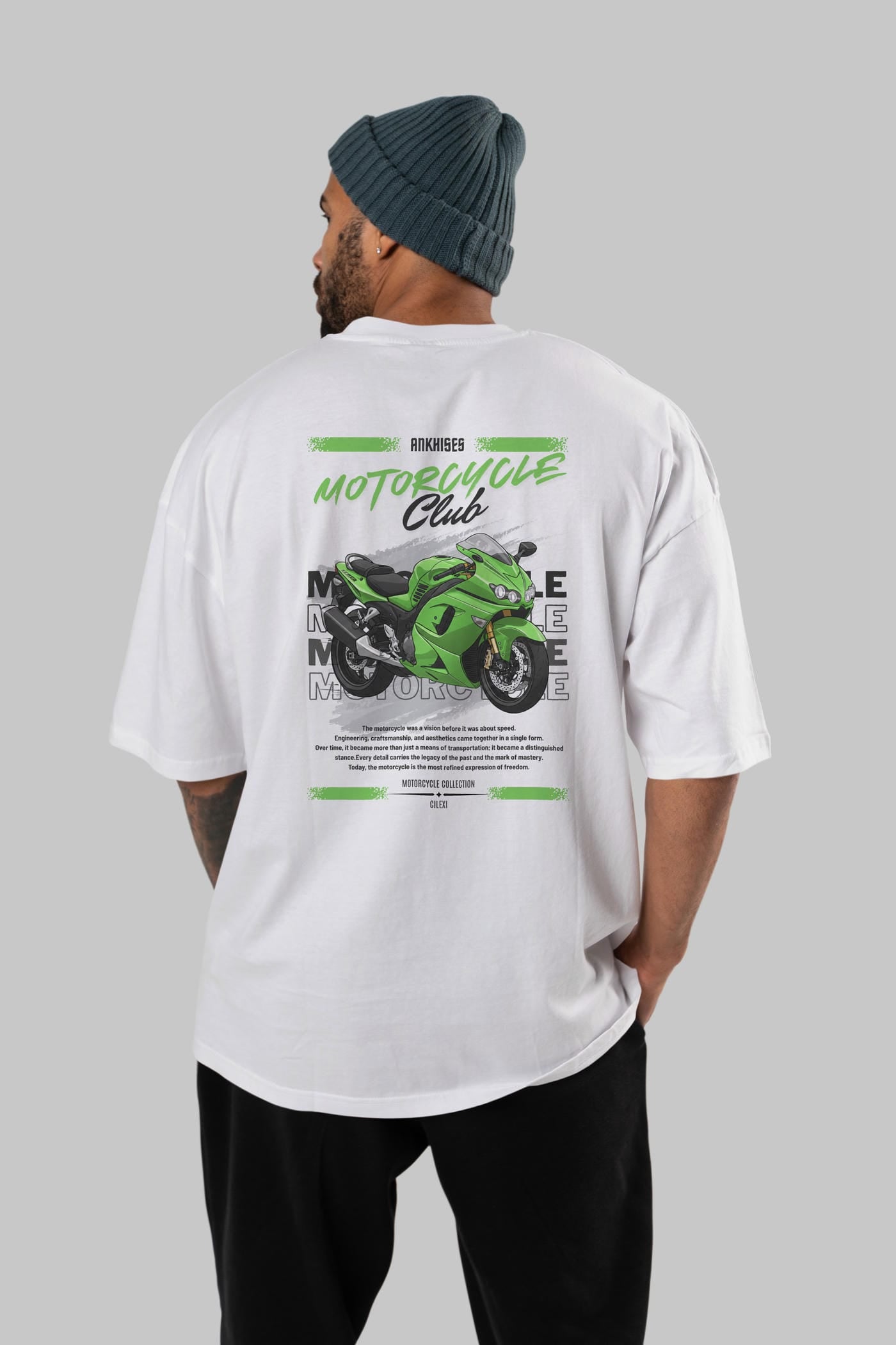 Motosiklet Serisi 12 Arka Baskılı Oversize t-shirt Erkek Kadın %100 Pamuk Bisiklet Yaka tişort