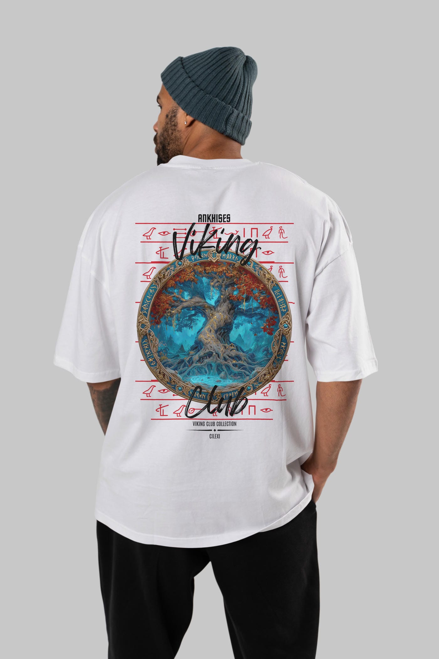 Yggdrasil Arka Baskılı Oversize t-shirt Erkek Kadın %100 Pamuk Bisiklet Yaka tişort