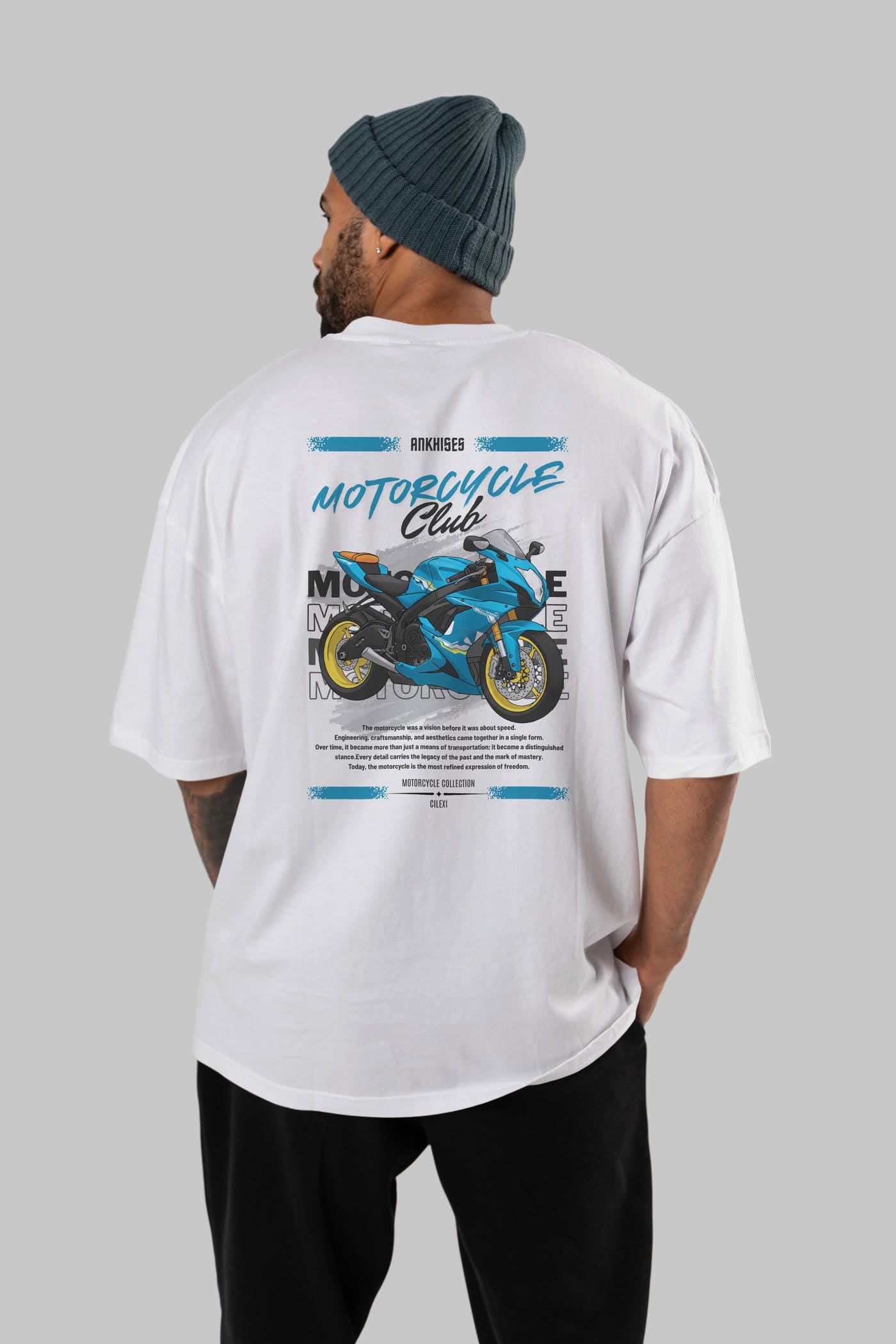 Motosiklet Serisi 11 Arka Baskılı Oversize t-shirt Erkek Kadın %100 Pamuk Bisiklet Yaka tişort