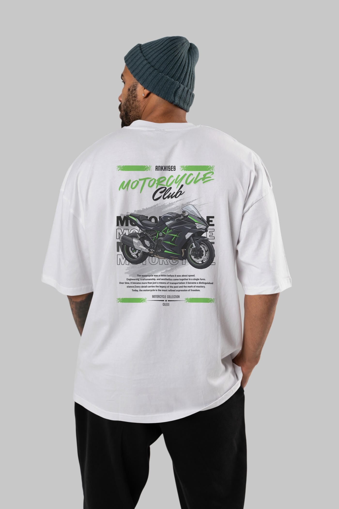 Motosiklet Serisi 13 Arka Baskılı Oversize t-shirt Erkek Kadın %100 Pamuk Bisiklet Yaka tişort