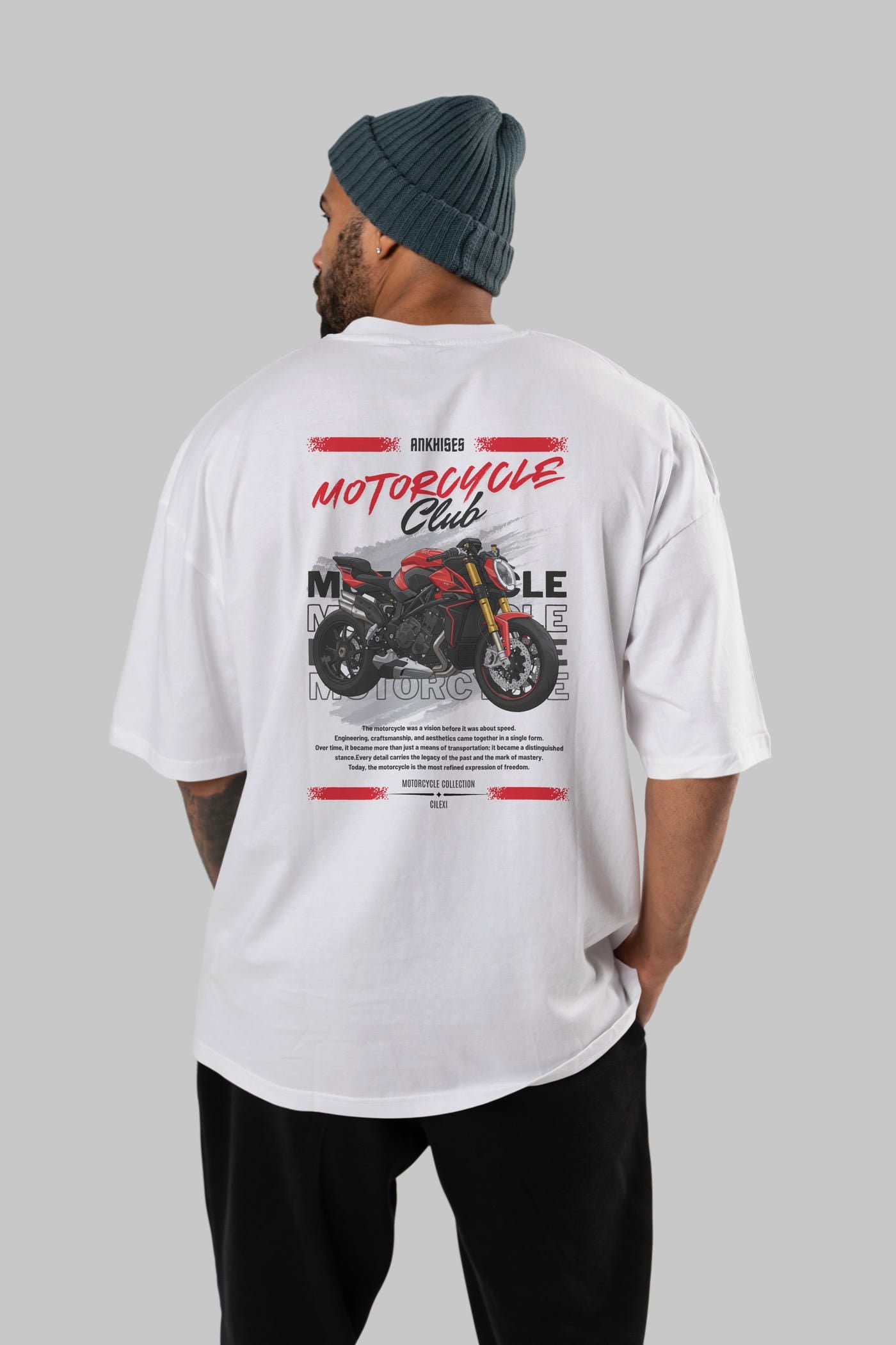 Motosiklet Serisi 26 Arka Baskılı Oversize t-shirt Erkek Kadın %100 Pamuk Bisiklet Yaka tişort
