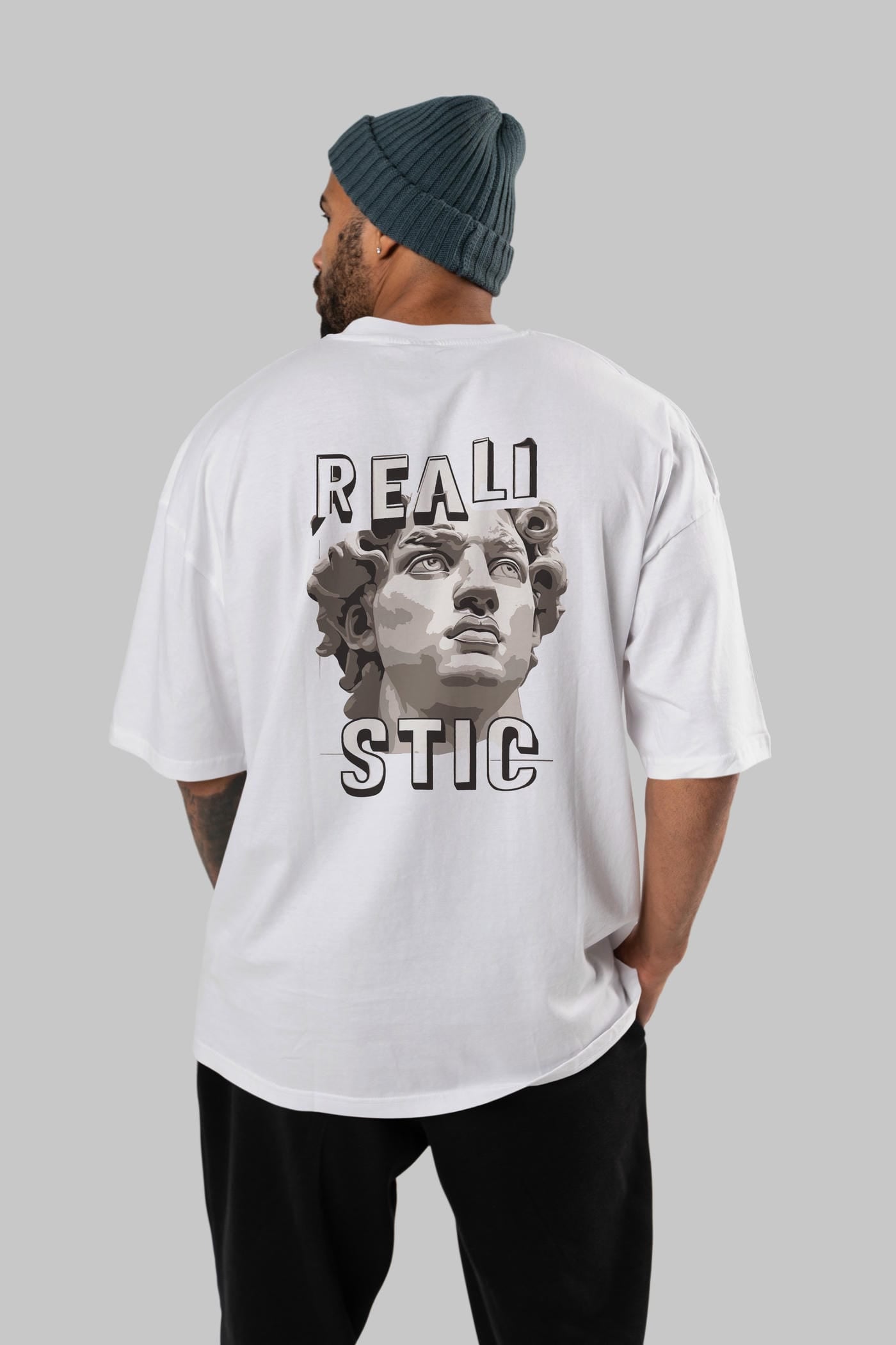 Realistic Arka Baskılı Oversize t-shirt Erkek Kadın %100 Pamuk Bisiklet Yaka tişort