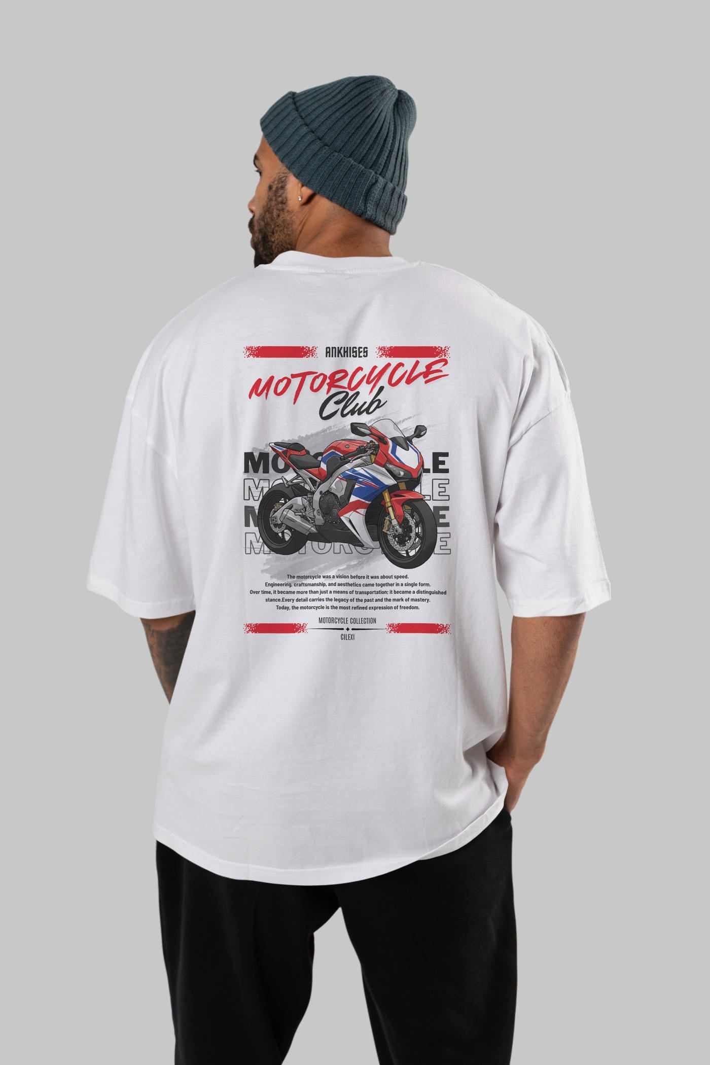Motosiklet Serisi 4 Arka Baskılı Oversize t-shirt Erkek Kadın %100 Pamuk Bisiklet Yaka tişort