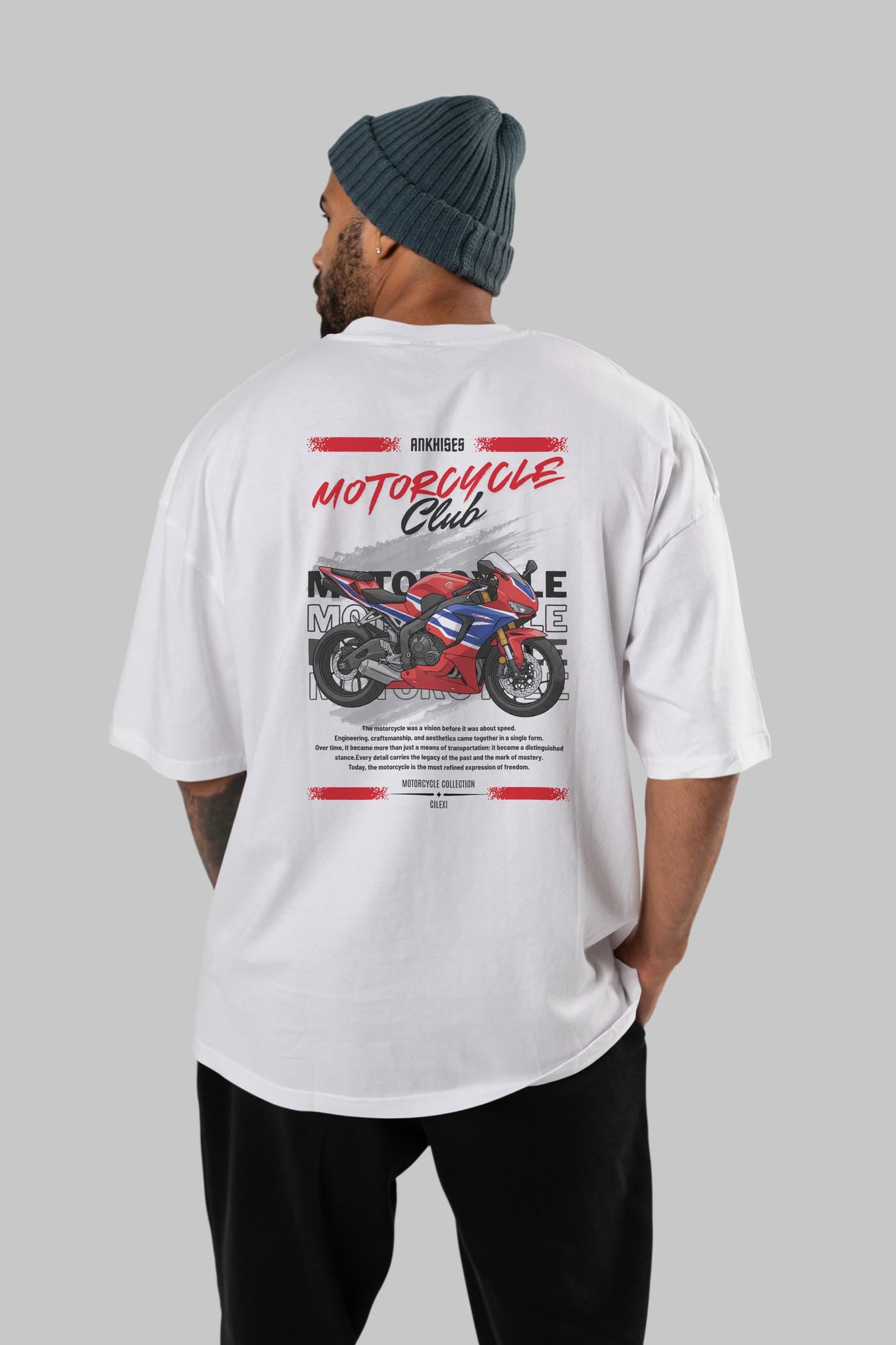 Motosiklet Serisi 25 Arka Baskılı Oversize t-shirt Erkek Kadın %100 Pamuk Bisiklet Yaka tişort