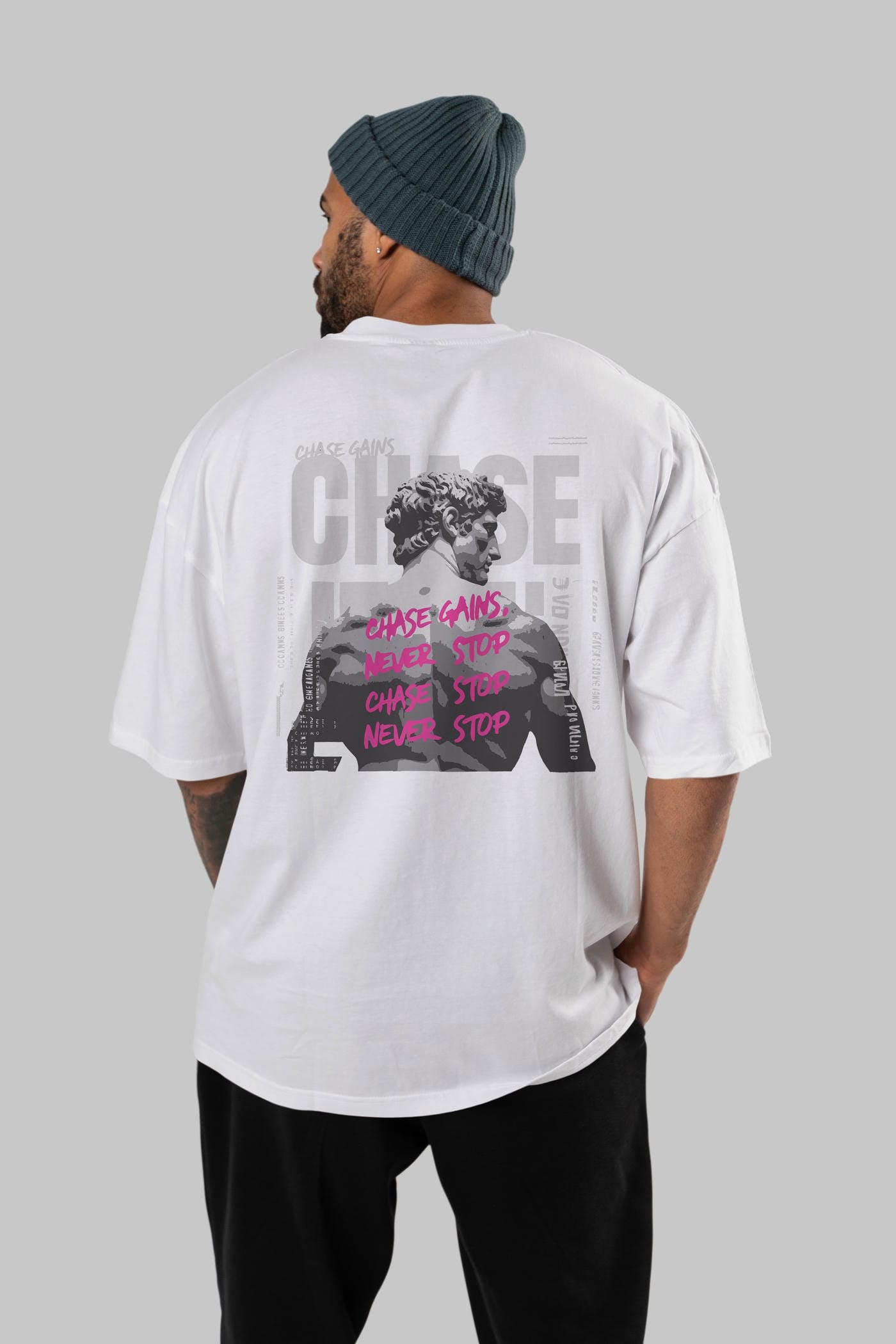 Chase Gains Arka Baskılı Oversize t-shirt Erkek Kadın %100 Pamuk Bisiklet Yaka tişort