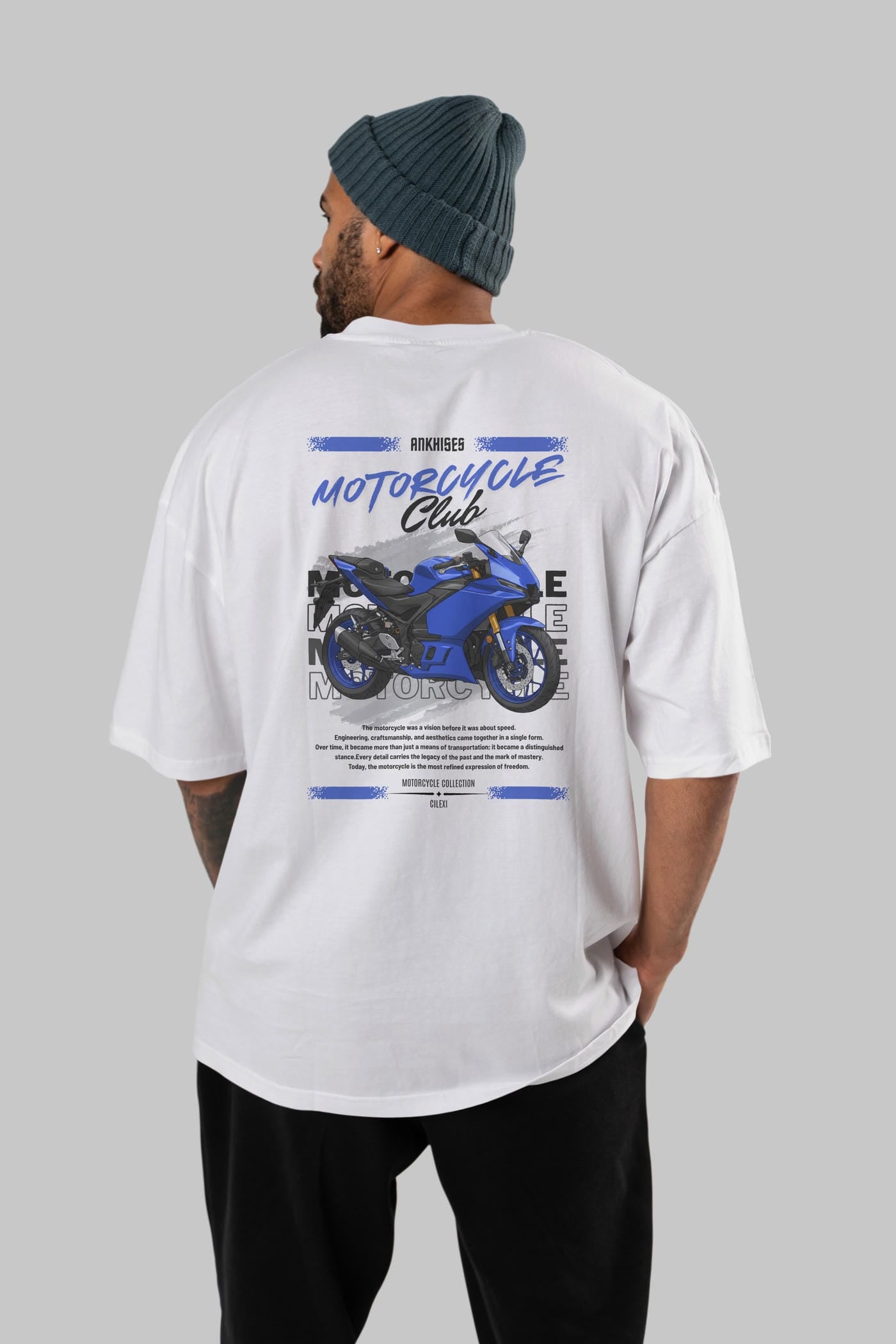 Motosiklet Serisi 33 Arka Baskılı Oversize t-shirt Erkek Kadın %100 Pamuk Bisiklet Yaka tişort