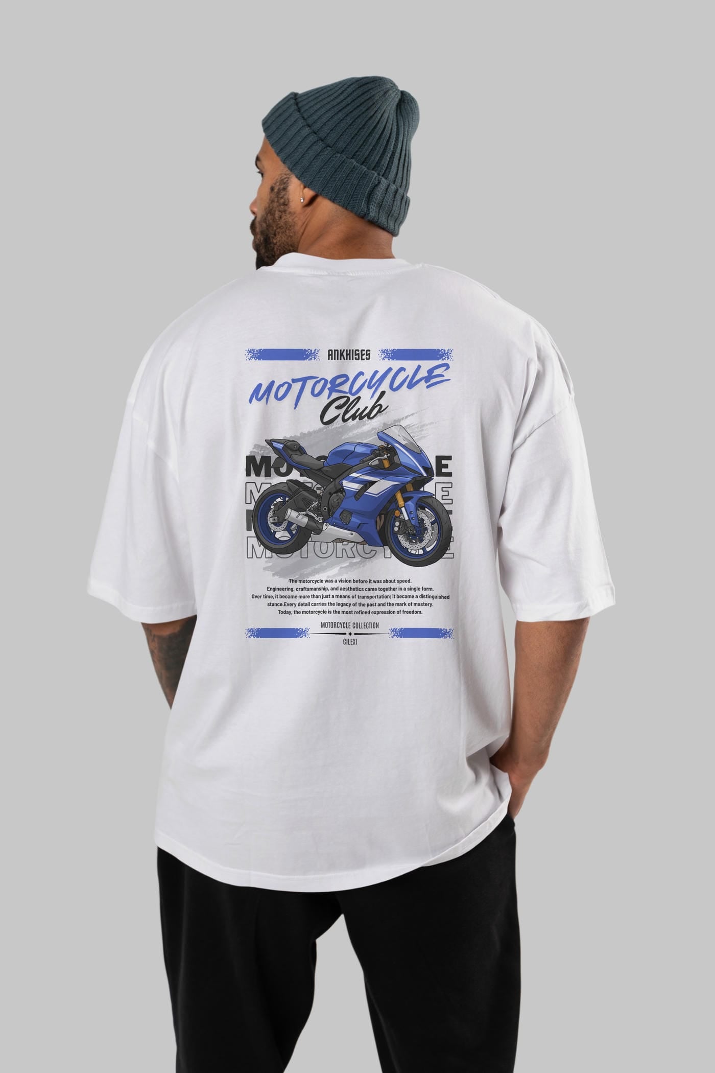 Motosiklet Serisi 32 Arka Baskılı Oversize t-shirt Erkek Kadın %100 Pamuk Bisiklet Yaka tişort