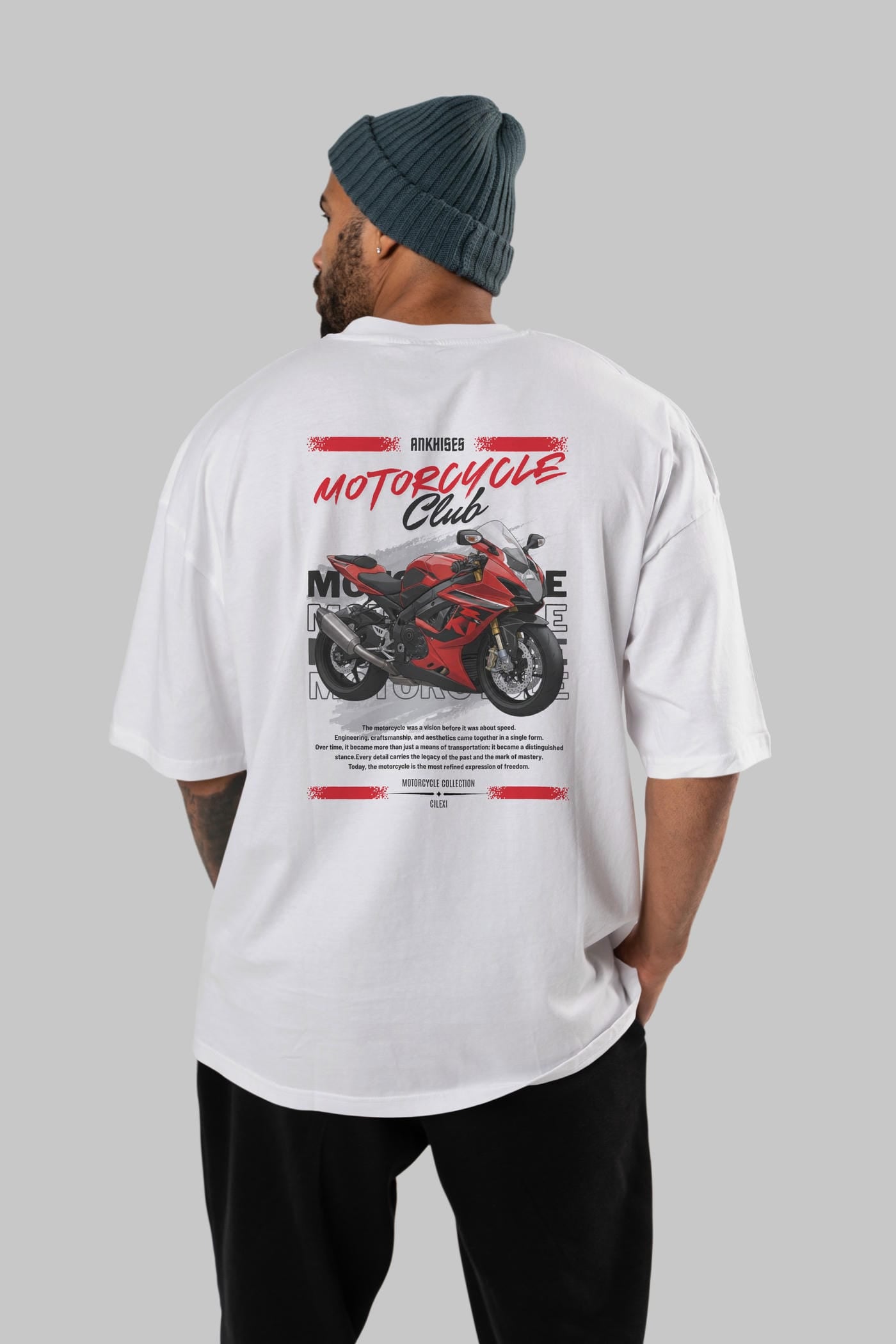 Motosiklet Serisi 5 Arka Baskılı Oversize t-shirt Erkek Kadın %100 Pamuk Bisiklet Yaka tişort