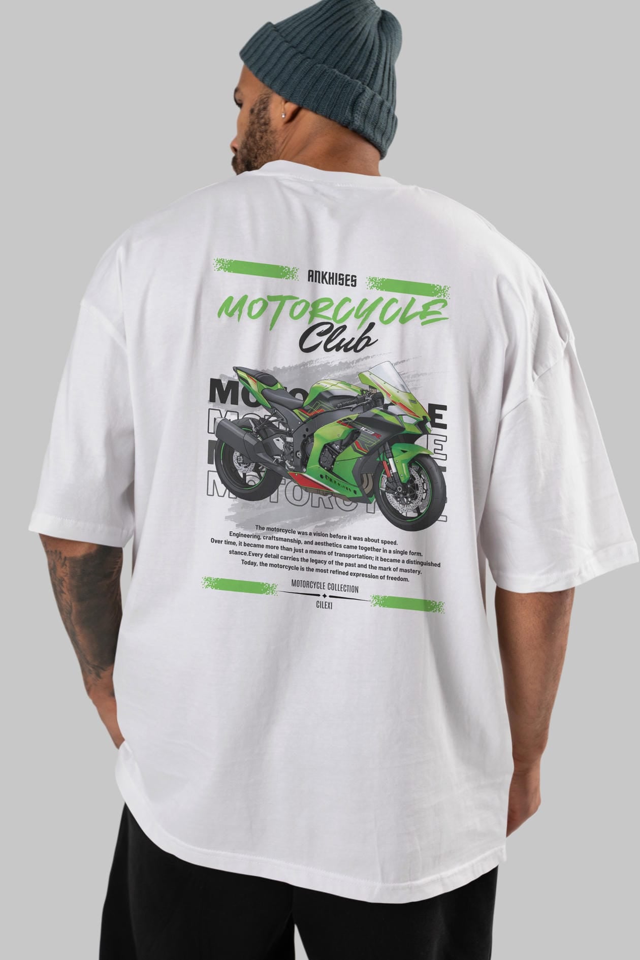 Motosiklet Serisi 14 Arka Baskılı Oversize t-shirt Erkek Kadın %100 Pamuk Bisiklet Yaka tişort