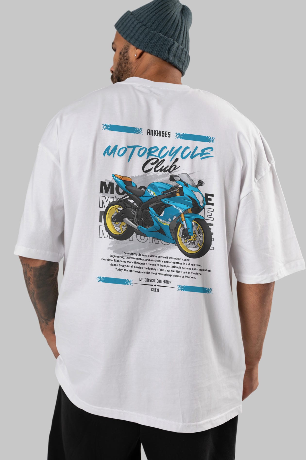 Motosiklet Serisi 11 Arka Baskılı Oversize t-shirt Erkek Kadın %100 Pamuk Bisiklet Yaka tişort