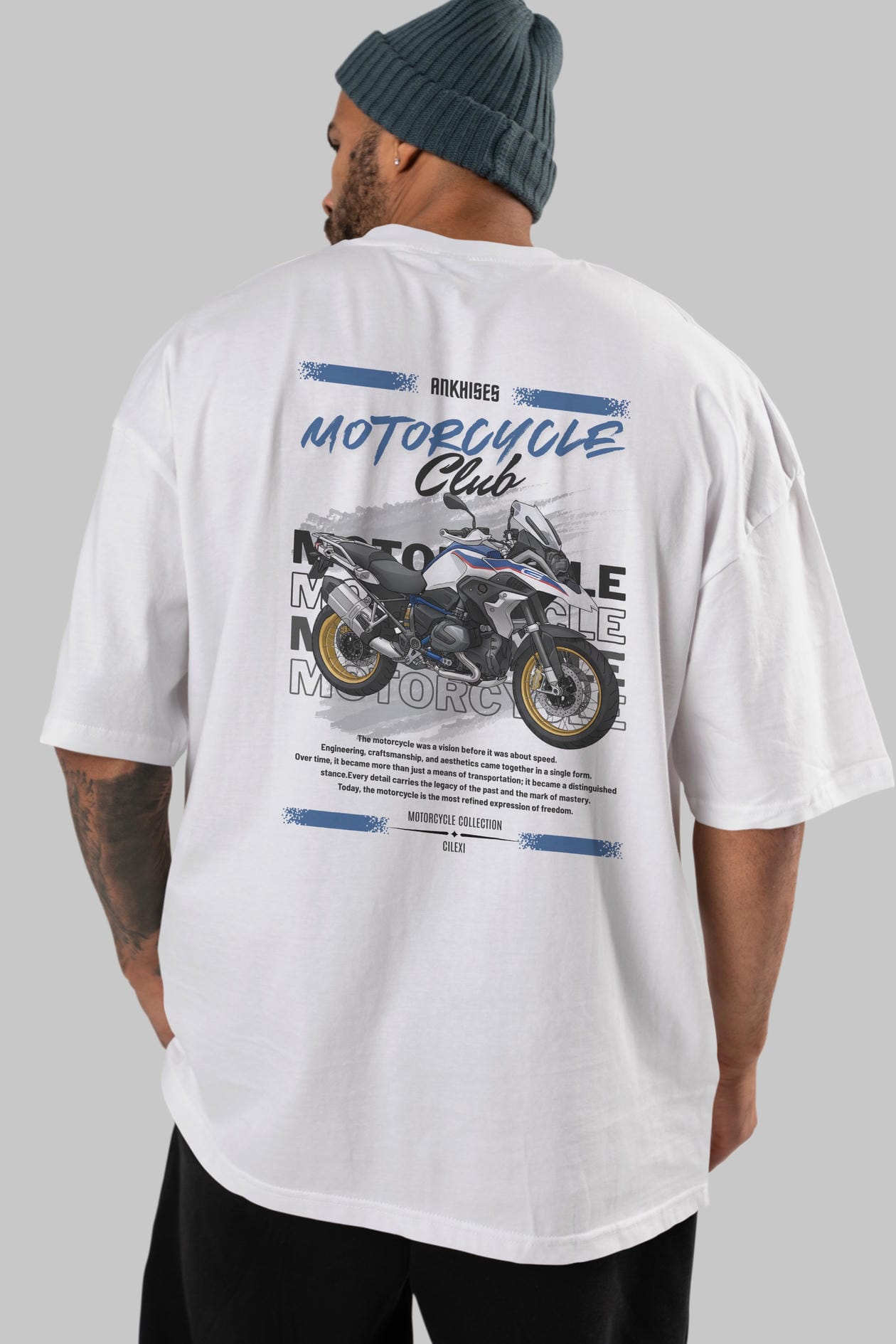 Motosiklet Serisi 27 Arka Baskılı Oversize t-shirt Erkek Kadın %100 Pamuk Bisiklet Yaka tişort