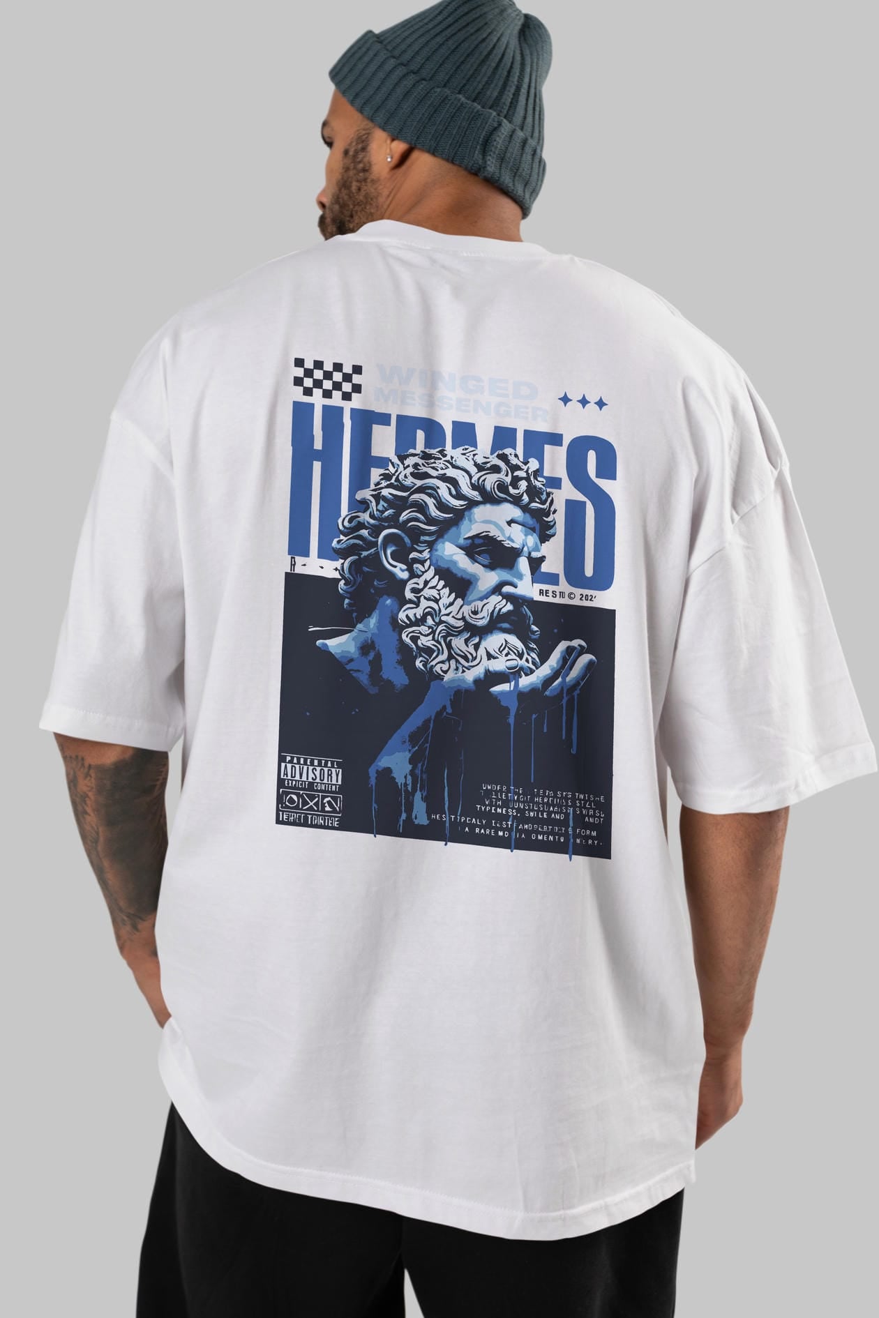 Hermes 2 Arka Baskılı Oversize t-shirt Erkek Kadın %100 Pamuk Bisiklet Yaka tişort