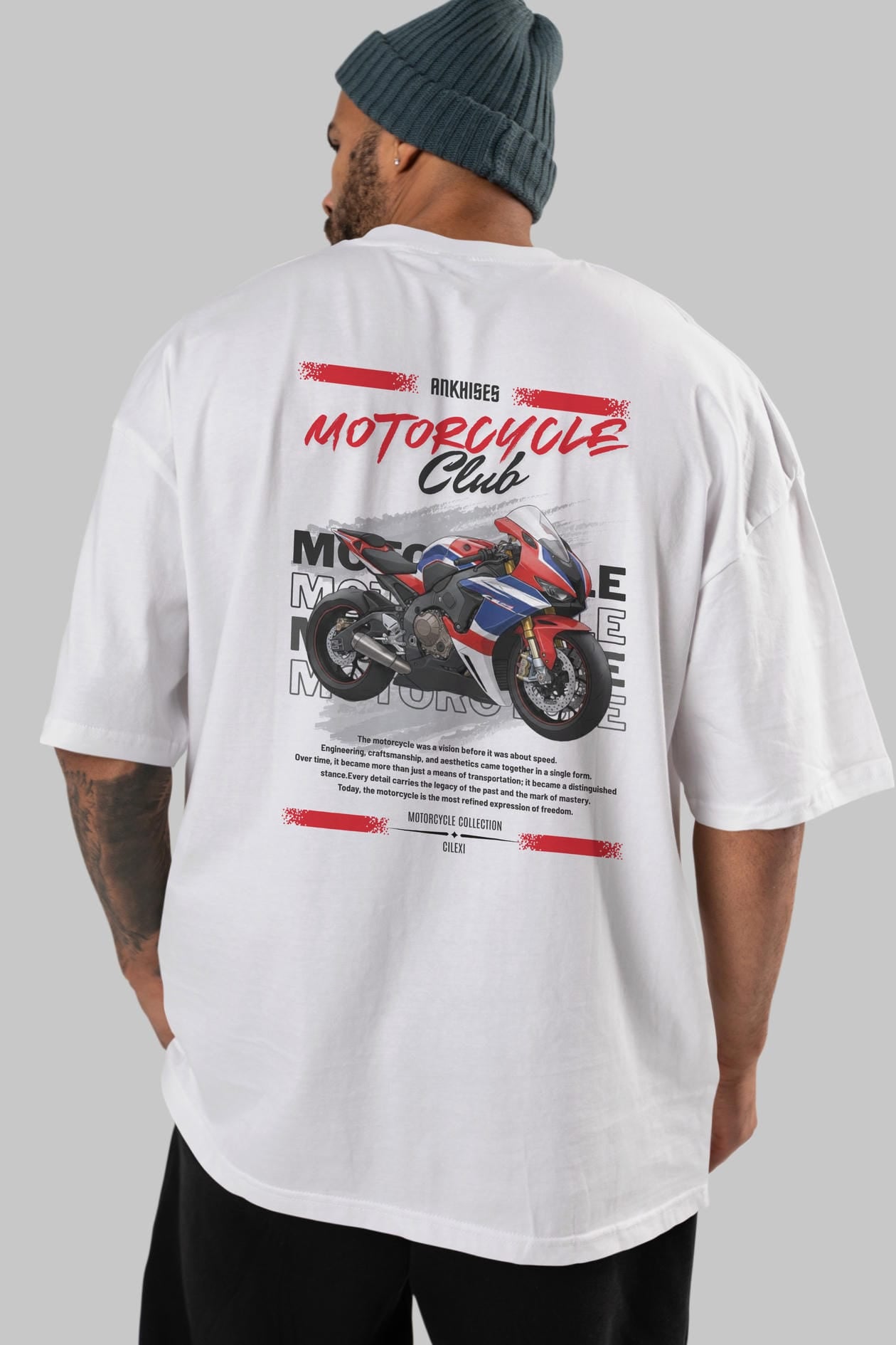 Motosiklet Serisi 3 Arka Baskılı Oversize t-shirt Erkek Kadın %100 Pamuk Bisiklet Yaka tişort