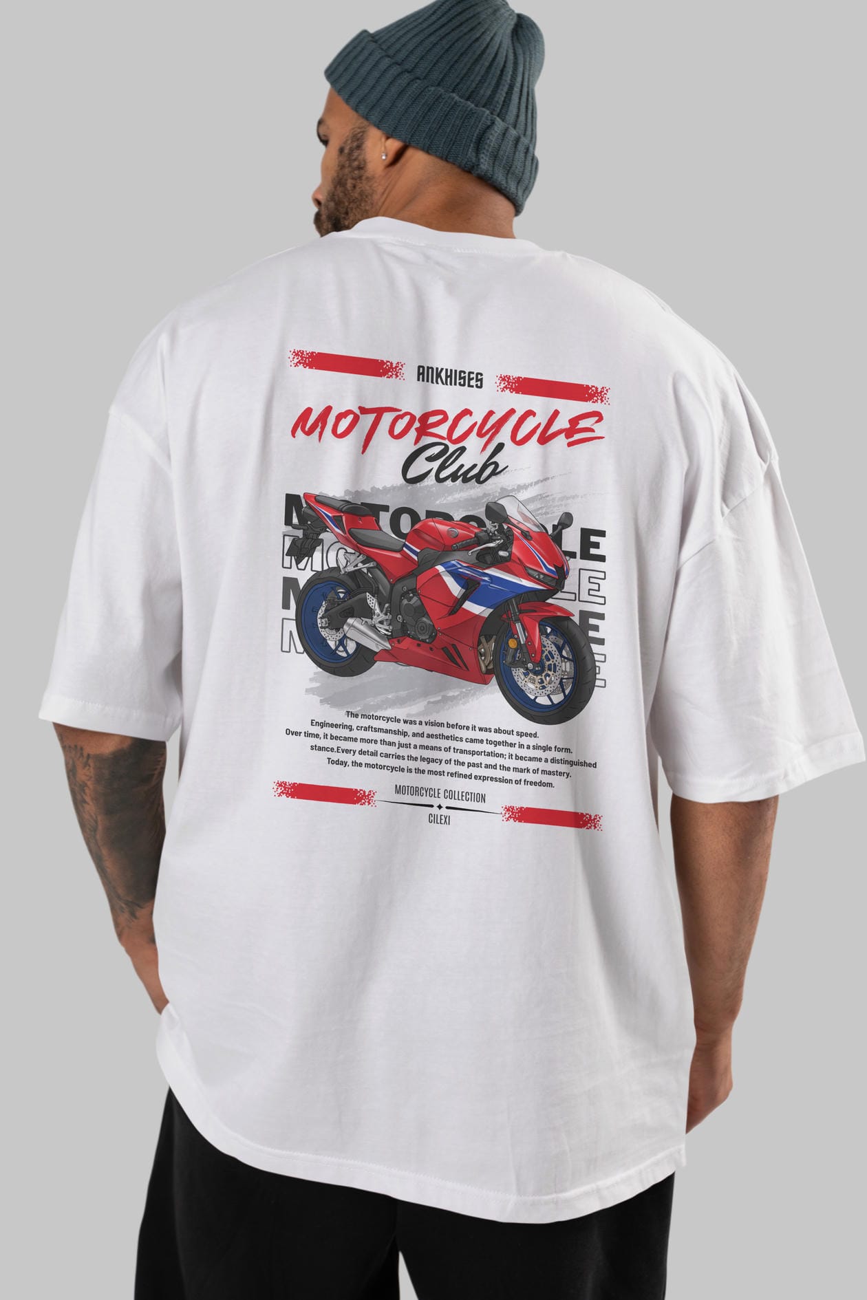 Motosiklet Serisi 24 Arka Baskılı Oversize t-shirt Erkek Kadın %100 Pamuk Bisiklet Yaka tişort