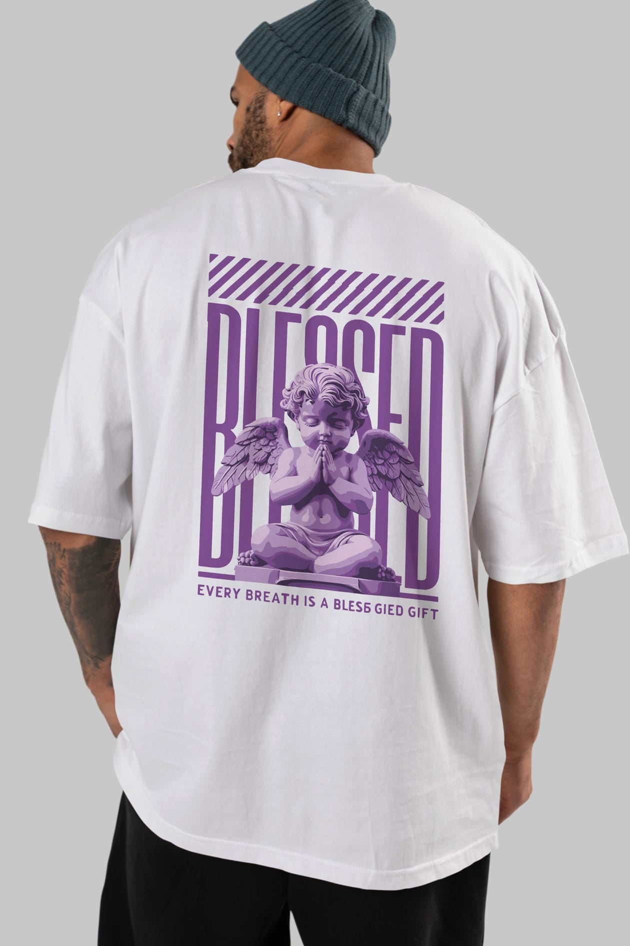 Blessed Arka Baskılı Oversize t-shirt Erkek Kadın %100 Pamuk Bisiklet Yaka tişort