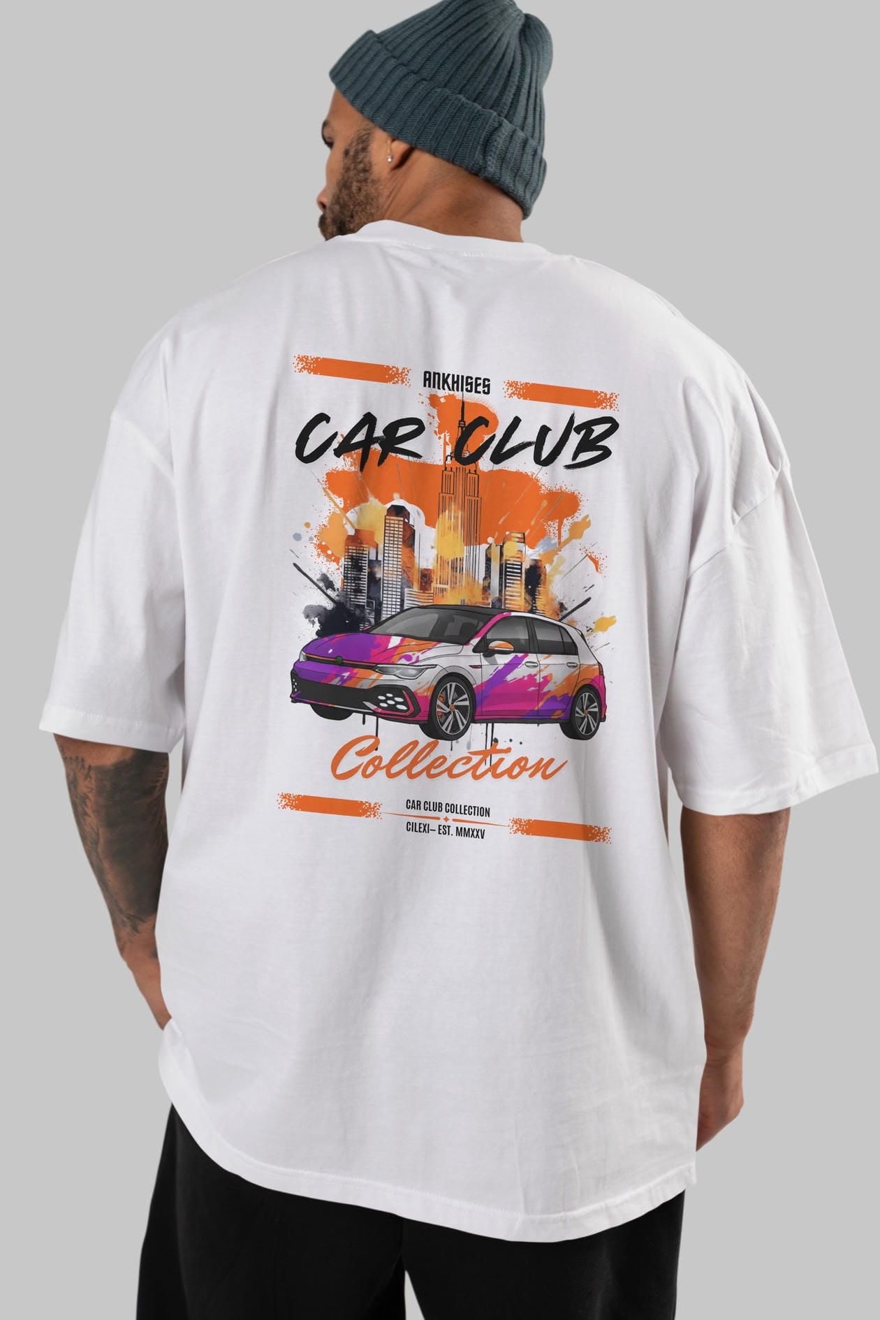 Araba Club Serisi 8 Baskılı Oversize t-shirt Erkek Kadın %100 Pamuk Bisiklet Yaka tişort