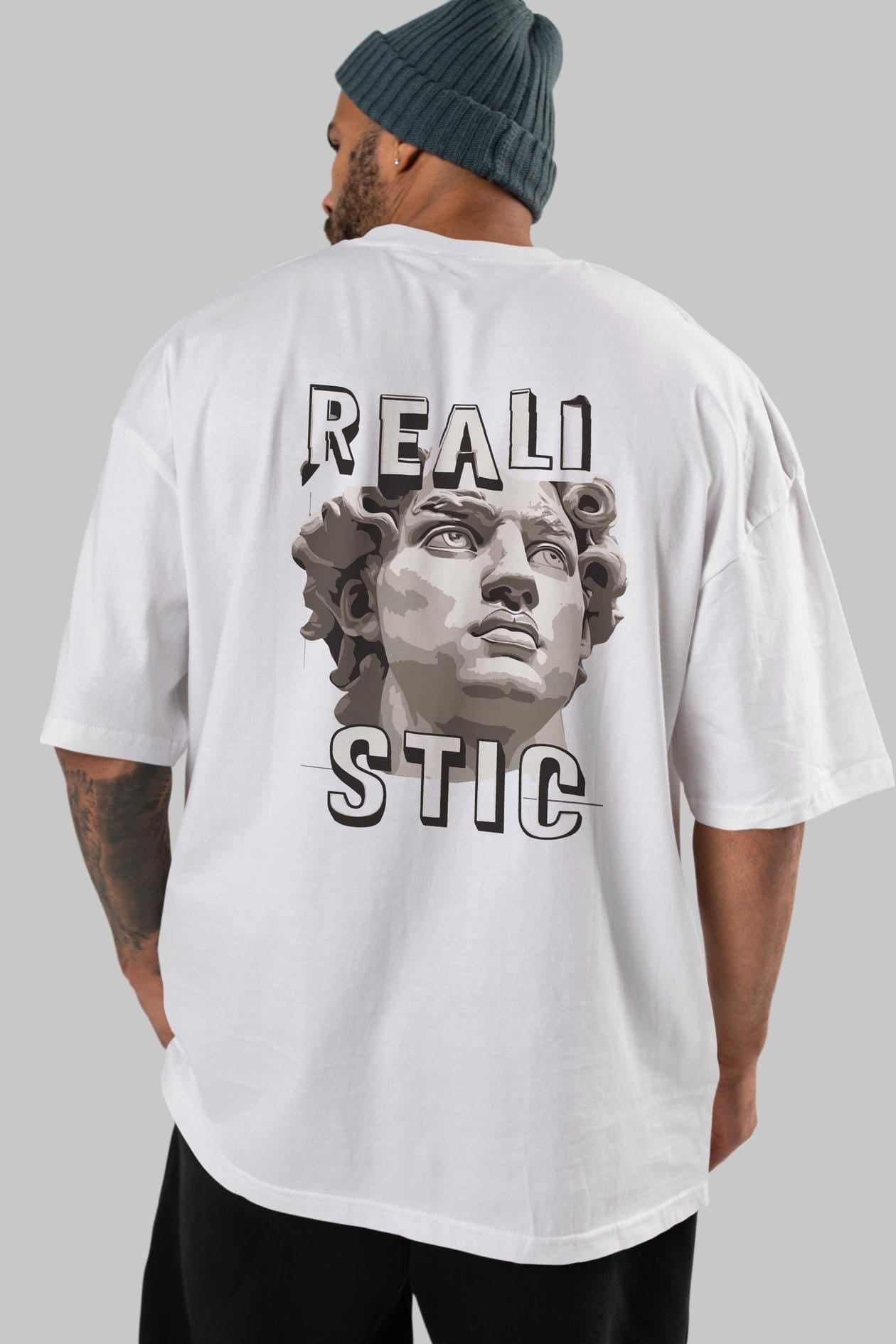 Realistic Arka Baskılı Oversize t-shirt Erkek Kadın %100 Pamuk Bisiklet Yaka tişort
