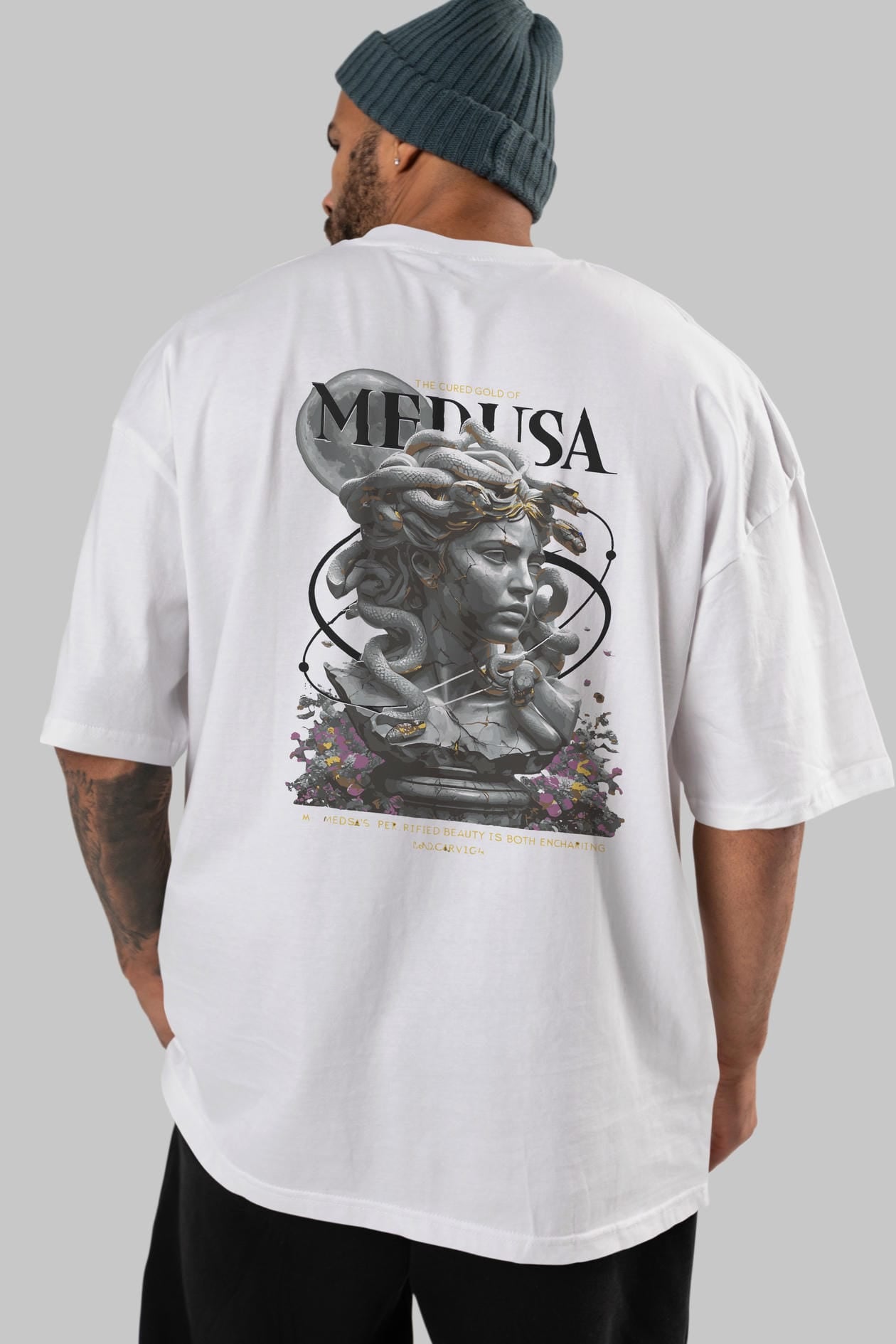 Medusa Arka Baskılı Oversize t-shirt Erkek Kadın %100 Pamuk Bisiklet Yaka tişort