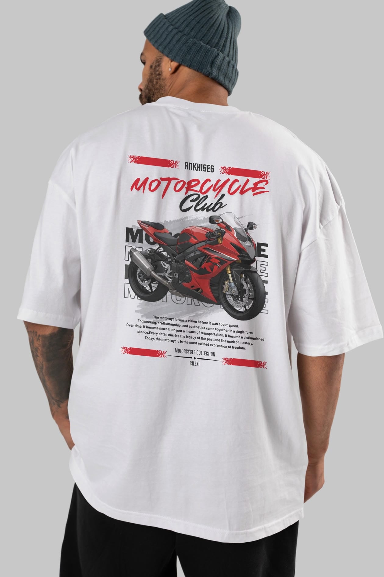 Motosiklet Serisi 5 Arka Baskılı Oversize t-shirt Erkek Kadın %100 Pamuk Bisiklet Yaka tişort