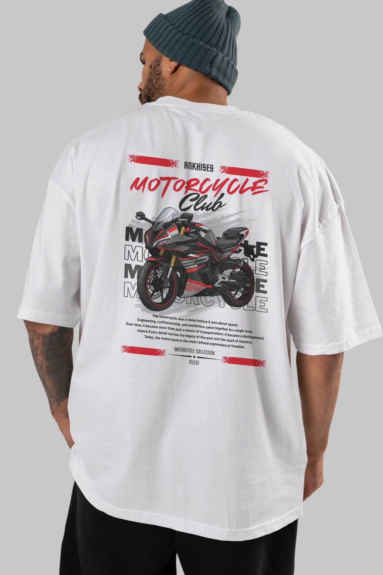 Motosiklet Serisi 17 Arka Baskılı Oversize t-shirt Erkek Kadın %100 Pamuk Bisiklet Yaka tişort
