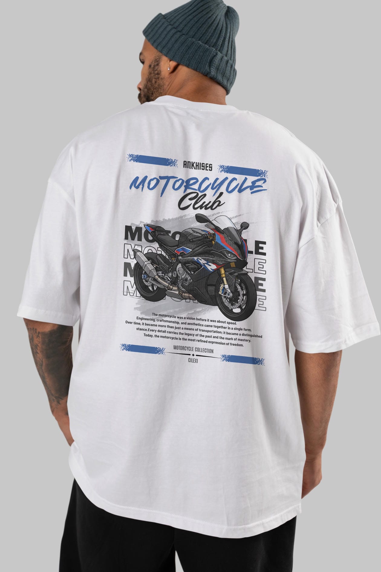 Motosiklet Serisi 2 Arka Baskılı Oversize t-shirt Erkek Kadın %100 Pamuk Bisiklet Yaka tişort