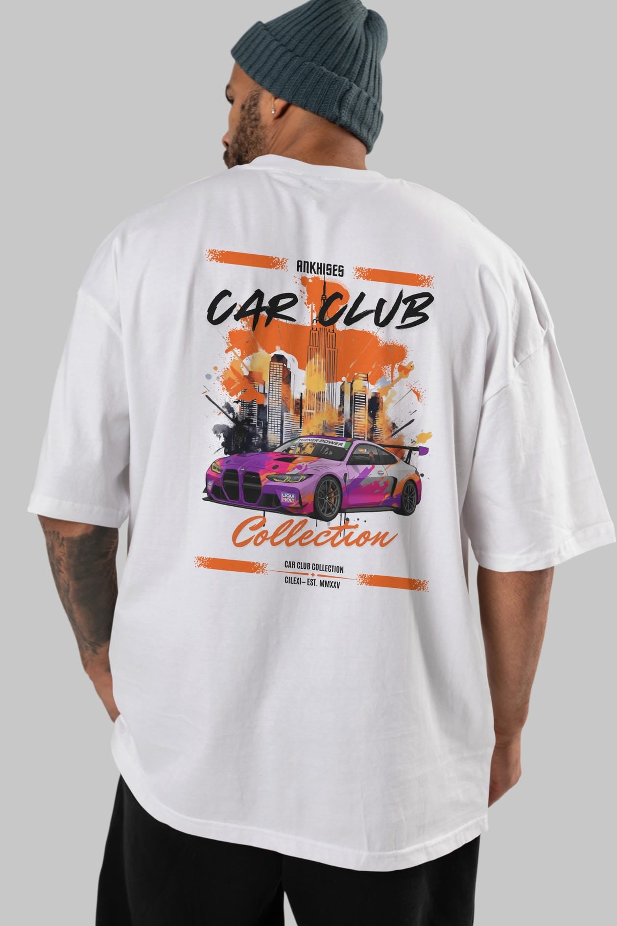 Araba Club Serisi 4 Baskılı Oversize t-shirt Erkek Kadın %100 Pamuk Bisiklet Yaka tişort