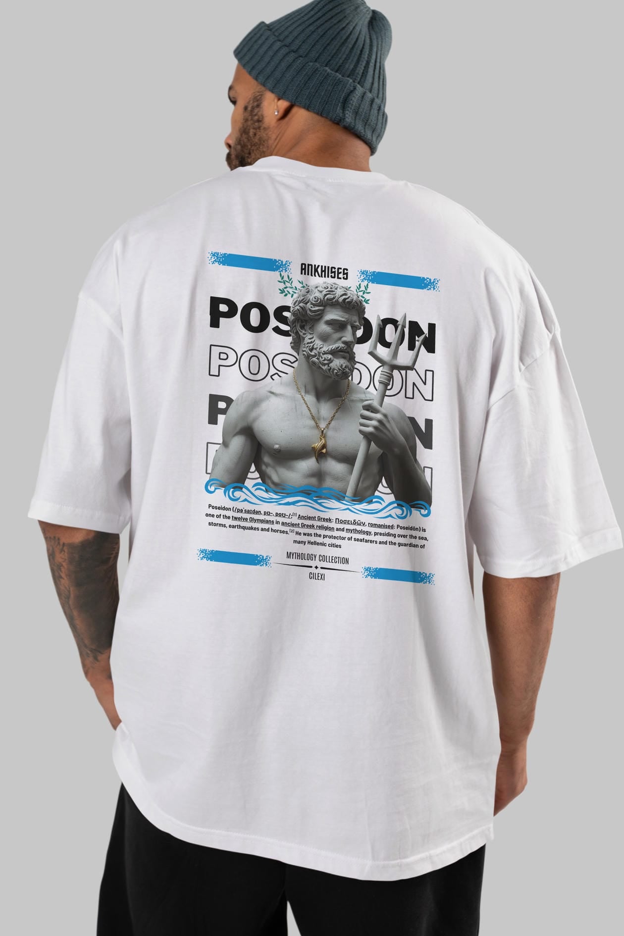 Poseidon 3 Arka Baskılı Oversize t-shirt Erkek Kadın %100 Pamuk Bisiklet Yaka tişort