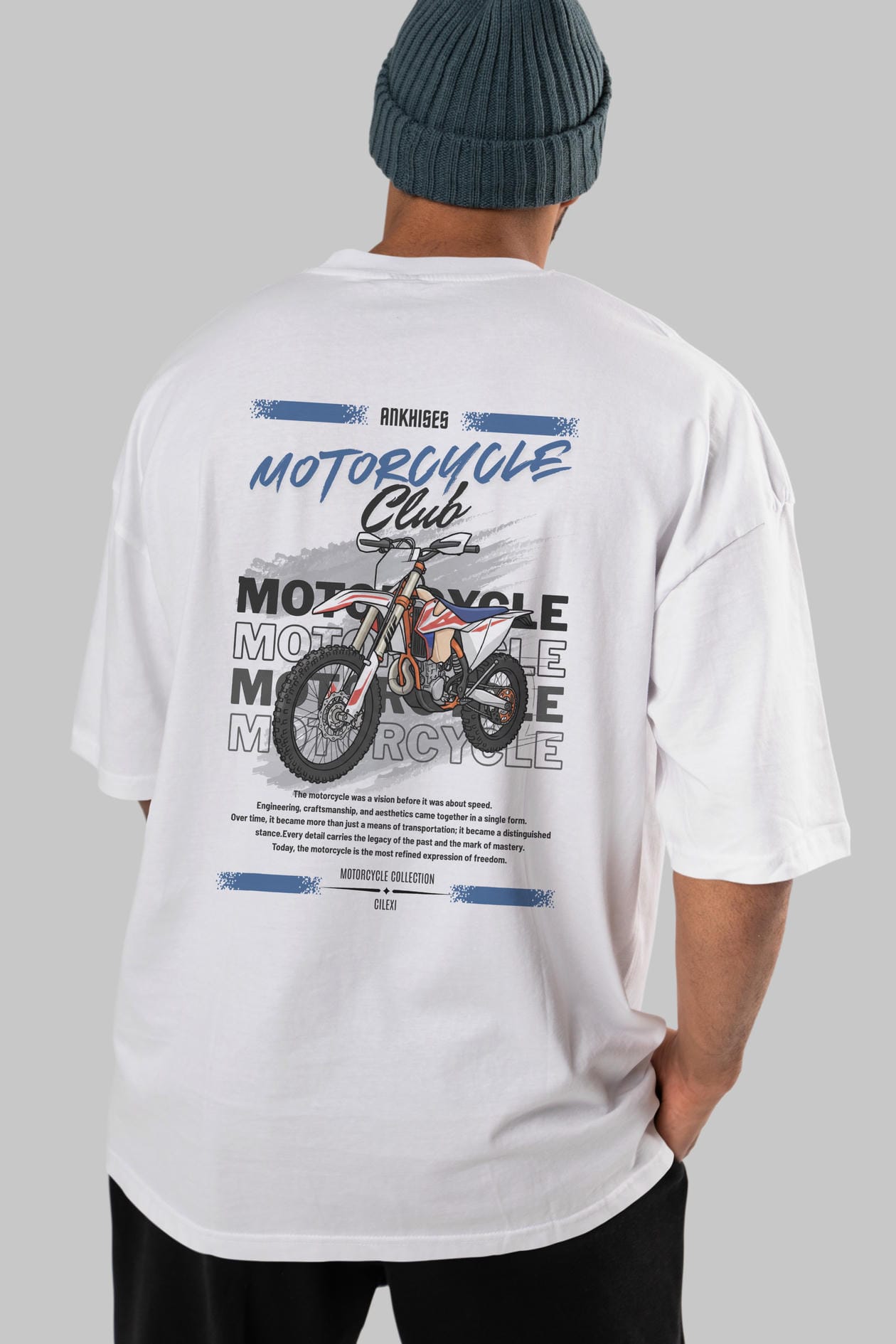 Motosiklet Serisi 18 Arka Baskılı Oversize t-shirt Erkek Kadın %100 Pamuk Bisiklet Yaka tişort