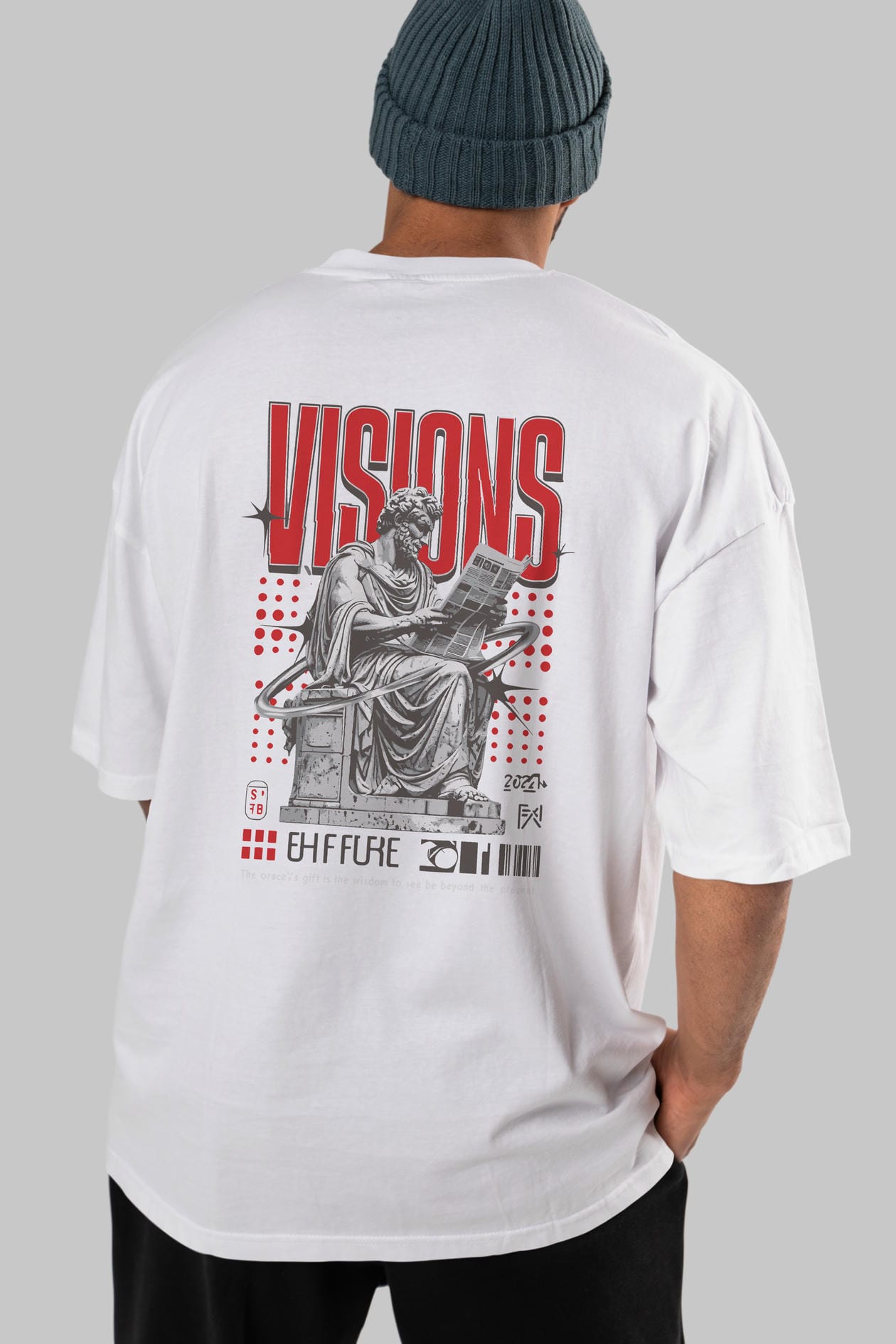 Visions Arka Baskılı Oversize t-shirt Erkek Kadın %100 Pamuk Bisiklet Yaka tişort