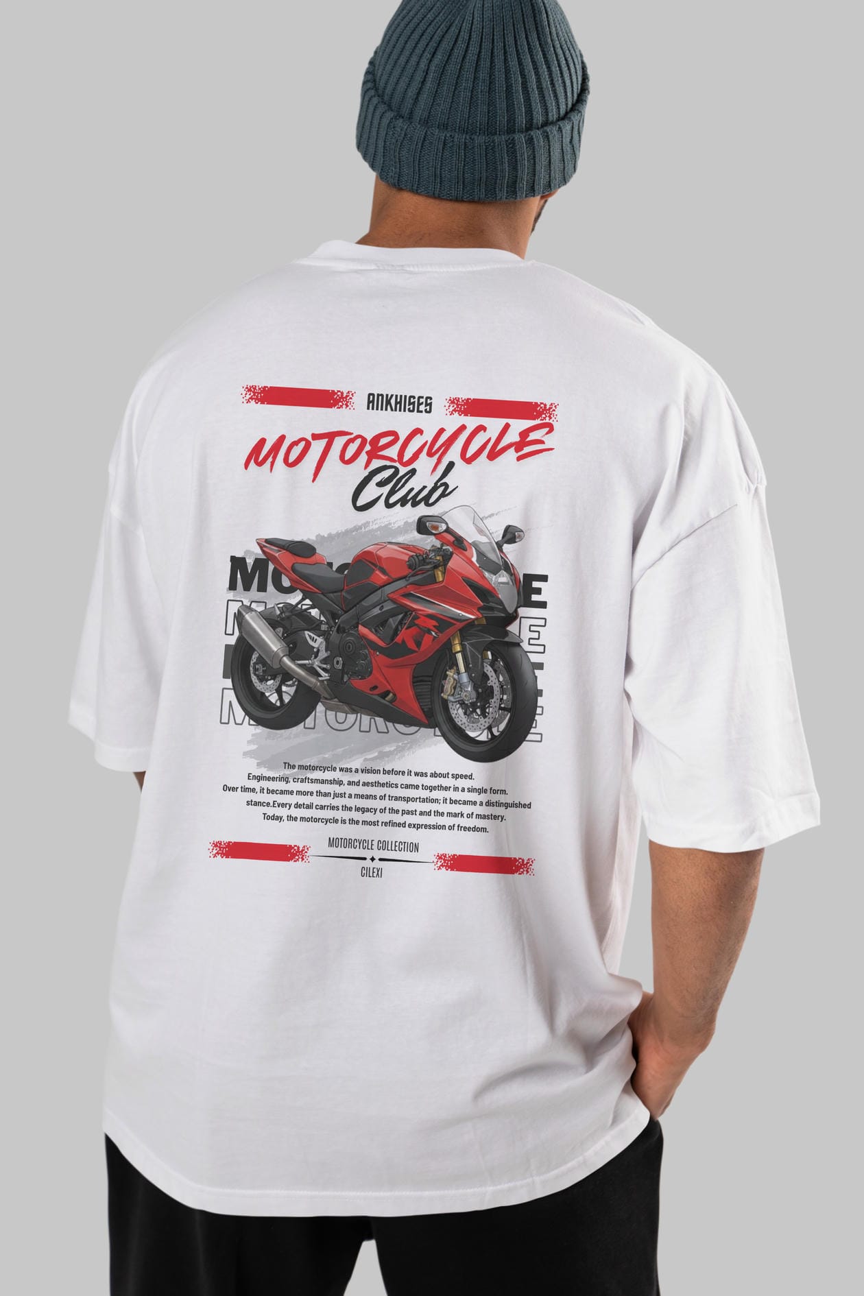 Motosiklet Serisi 5 Arka Baskılı Oversize t-shirt Erkek Kadın %100 Pamuk Bisiklet Yaka tişort