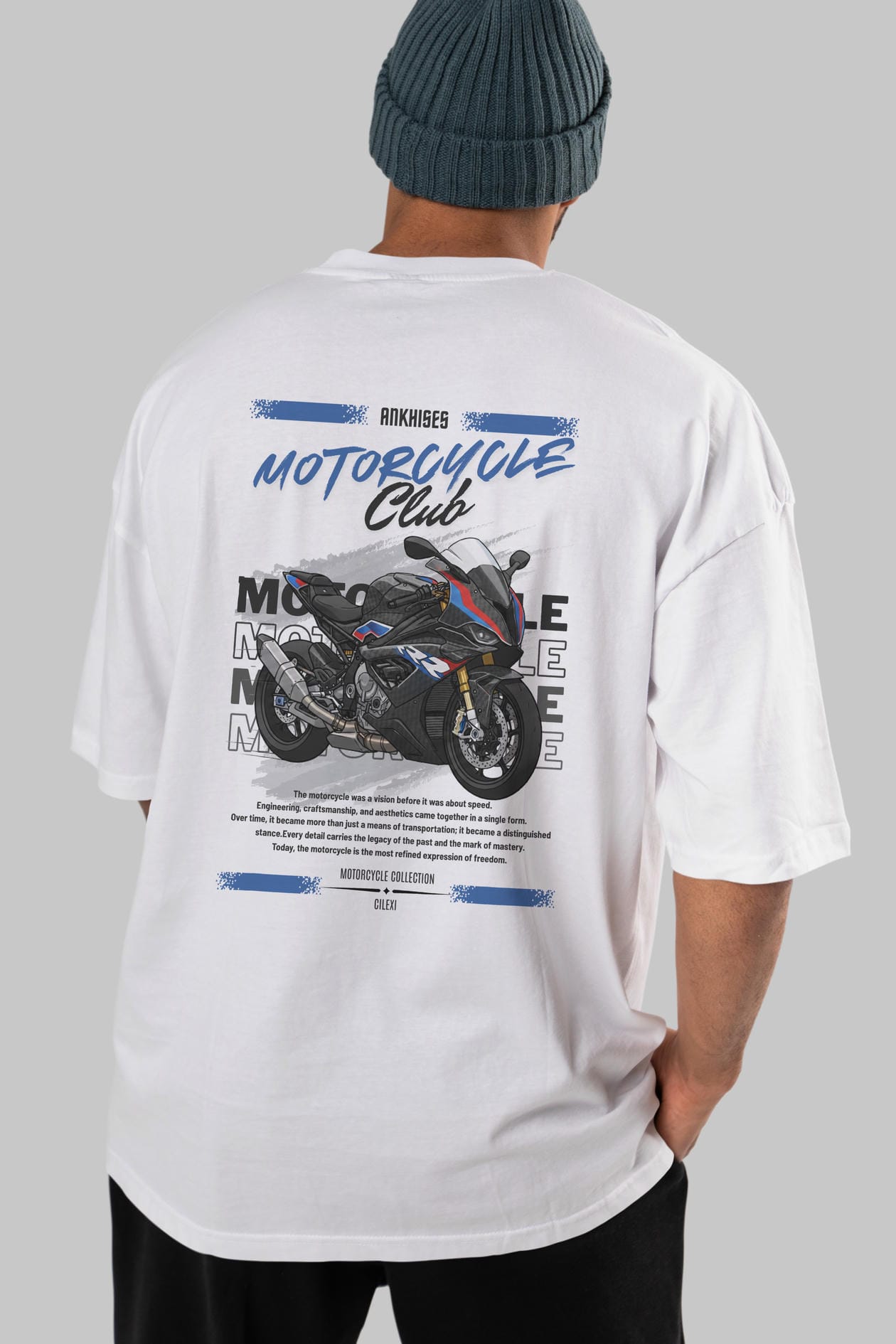 Motosiklet Serisi 2 Arka Baskılı Oversize t-shirt Erkek Kadın %100 Pamuk Bisiklet Yaka tişort