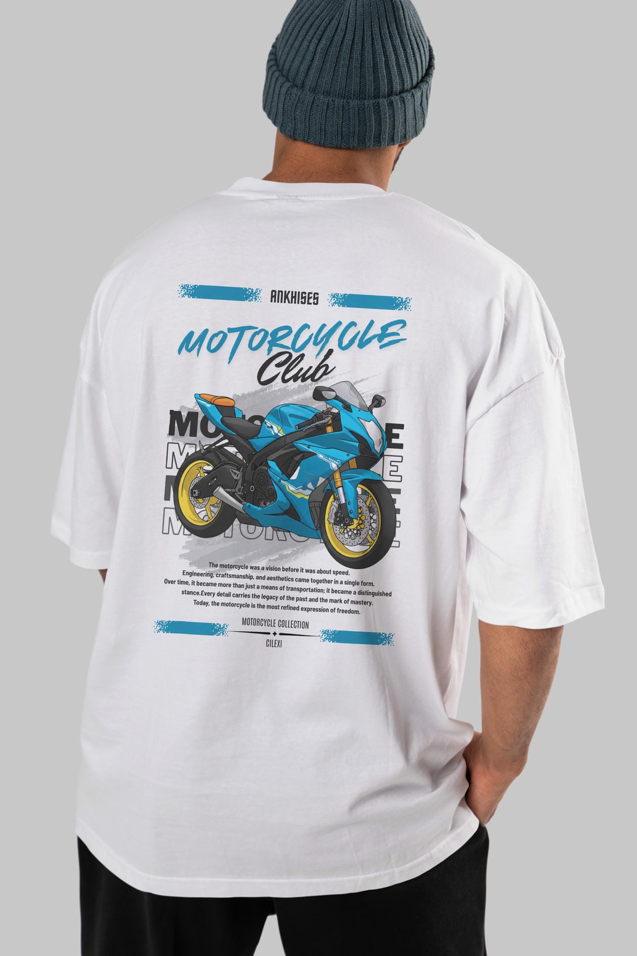 Motosiklet Serisi 11 Arka Baskılı Oversize t-shirt Erkek Kadın %100 Pamuk Bisiklet Yaka tişort