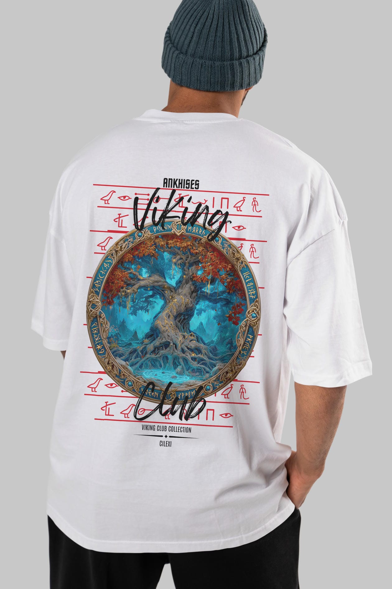 Yggdrasil Arka Baskılı Oversize t-shirt Erkek Kadın %100 Pamuk Bisiklet Yaka tişort