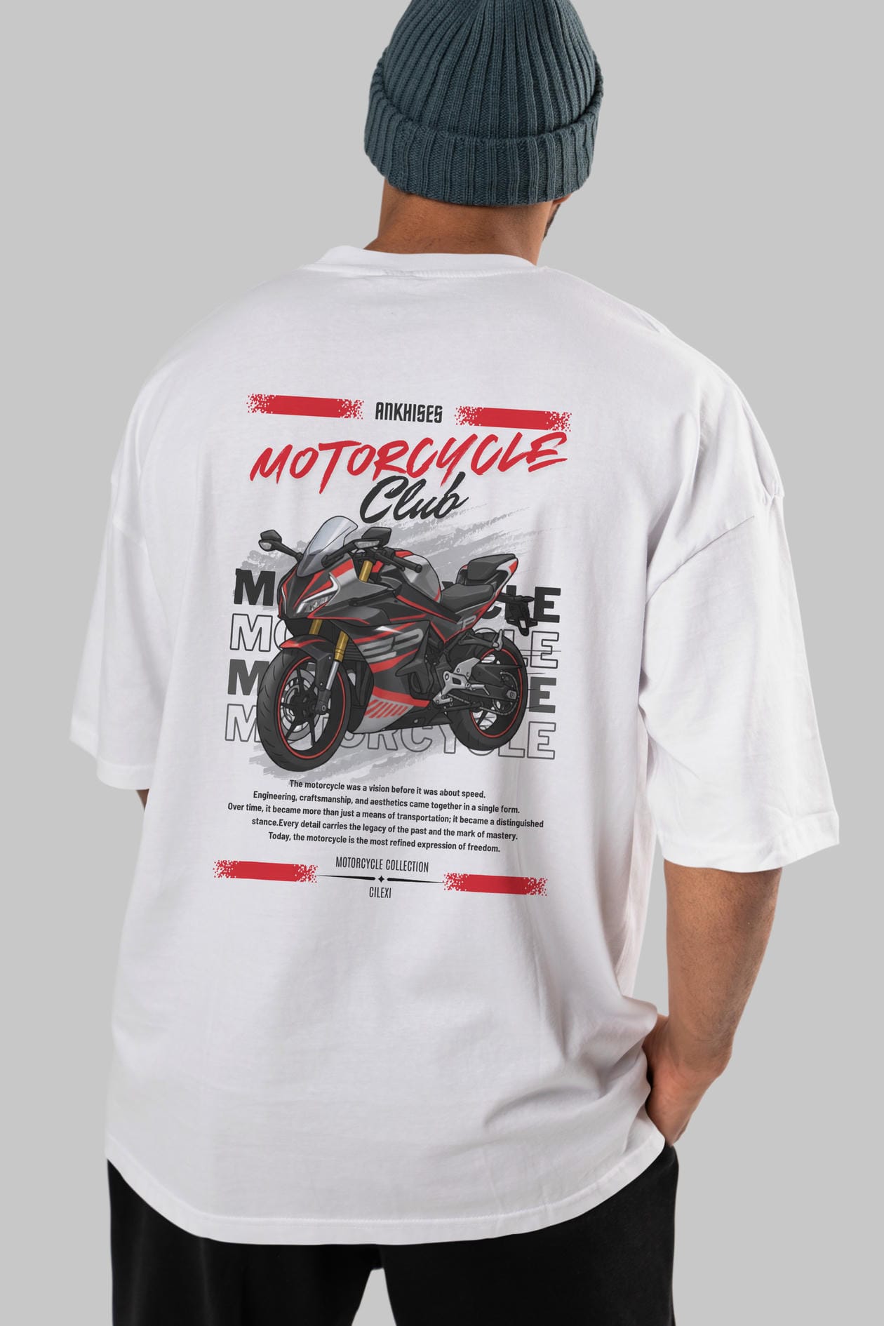 Motosiklet Serisi 17 Arka Baskılı Oversize t-shirt Erkek Kadın %100 Pamuk Bisiklet Yaka tişort
