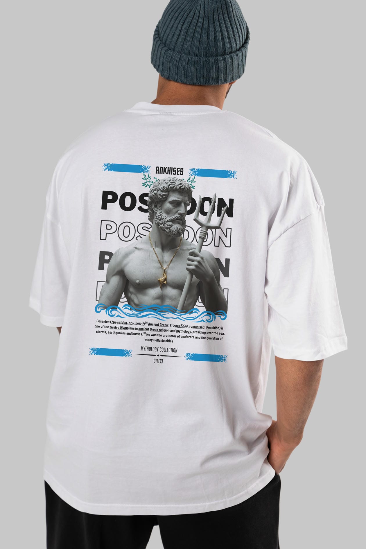 Poseidon 3 Arka Baskılı Oversize t-shirt Erkek Kadın %100 Pamuk Bisiklet Yaka tişort