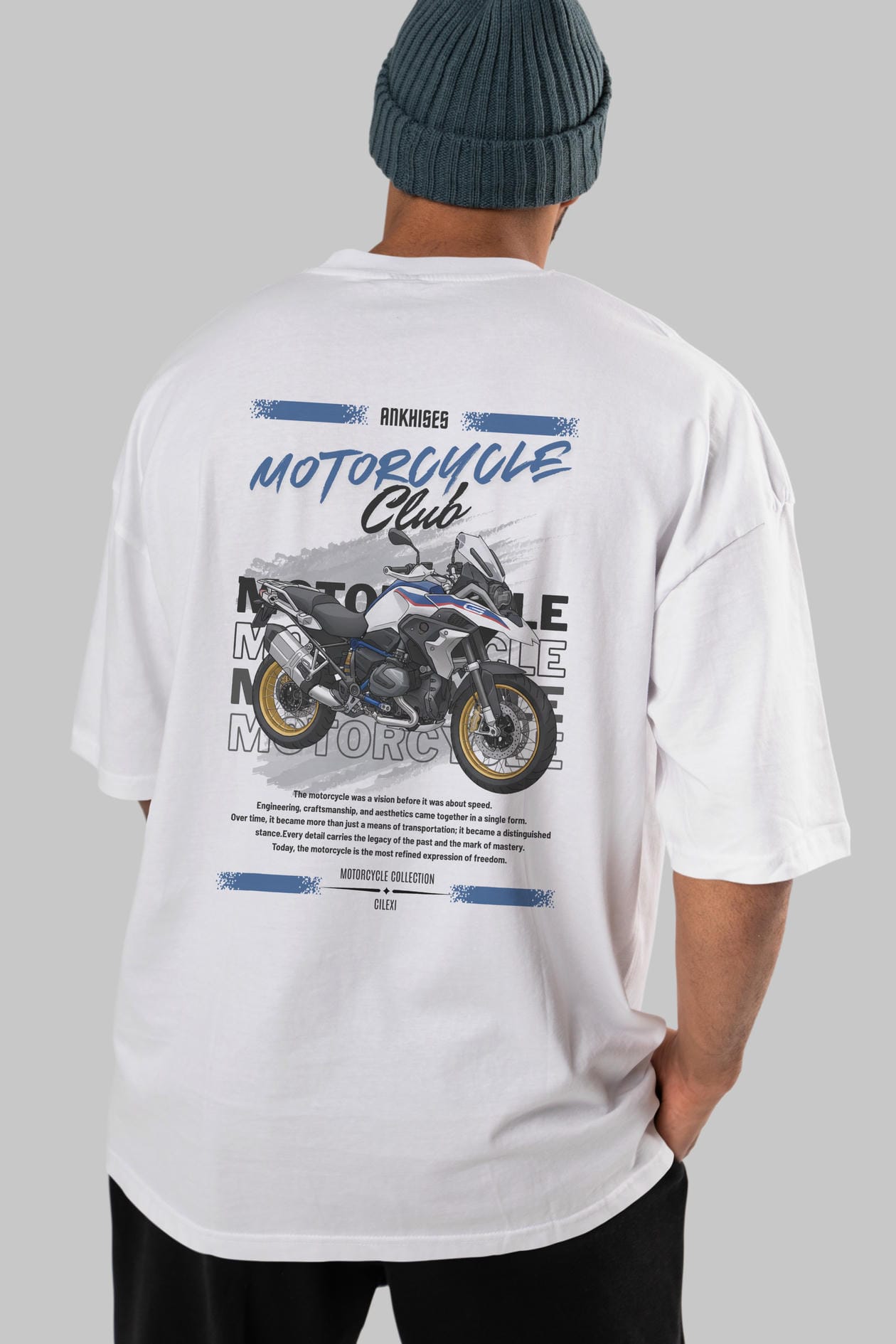 Motosiklet Serisi 27 Arka Baskılı Oversize t-shirt Erkek Kadın %100 Pamuk Bisiklet Yaka tişort