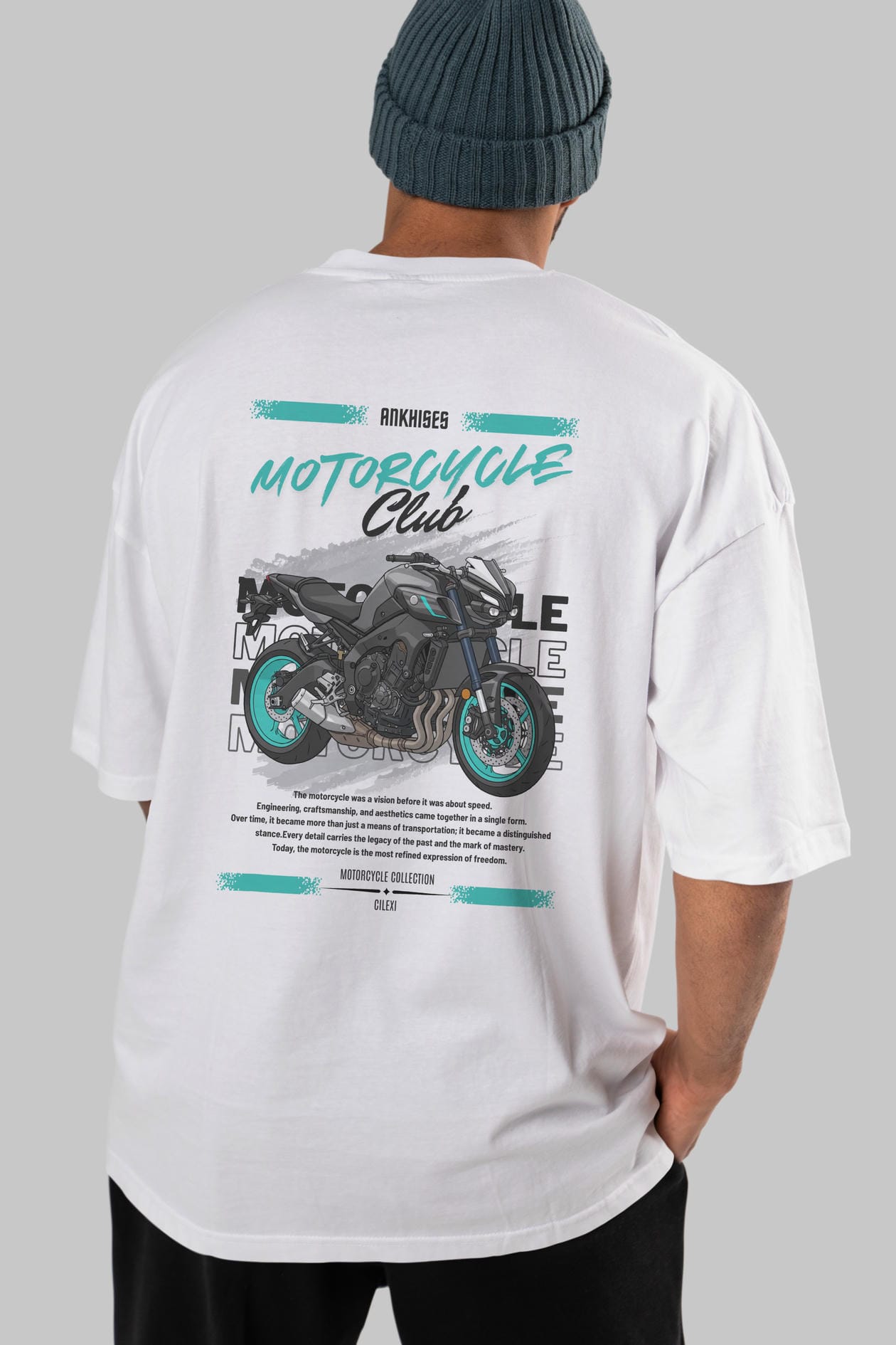 Motosiklet Serisi 21 Arka Baskılı Oversize t-shirt Erkek Kadın %100 Pamuk Bisiklet Yaka tişort