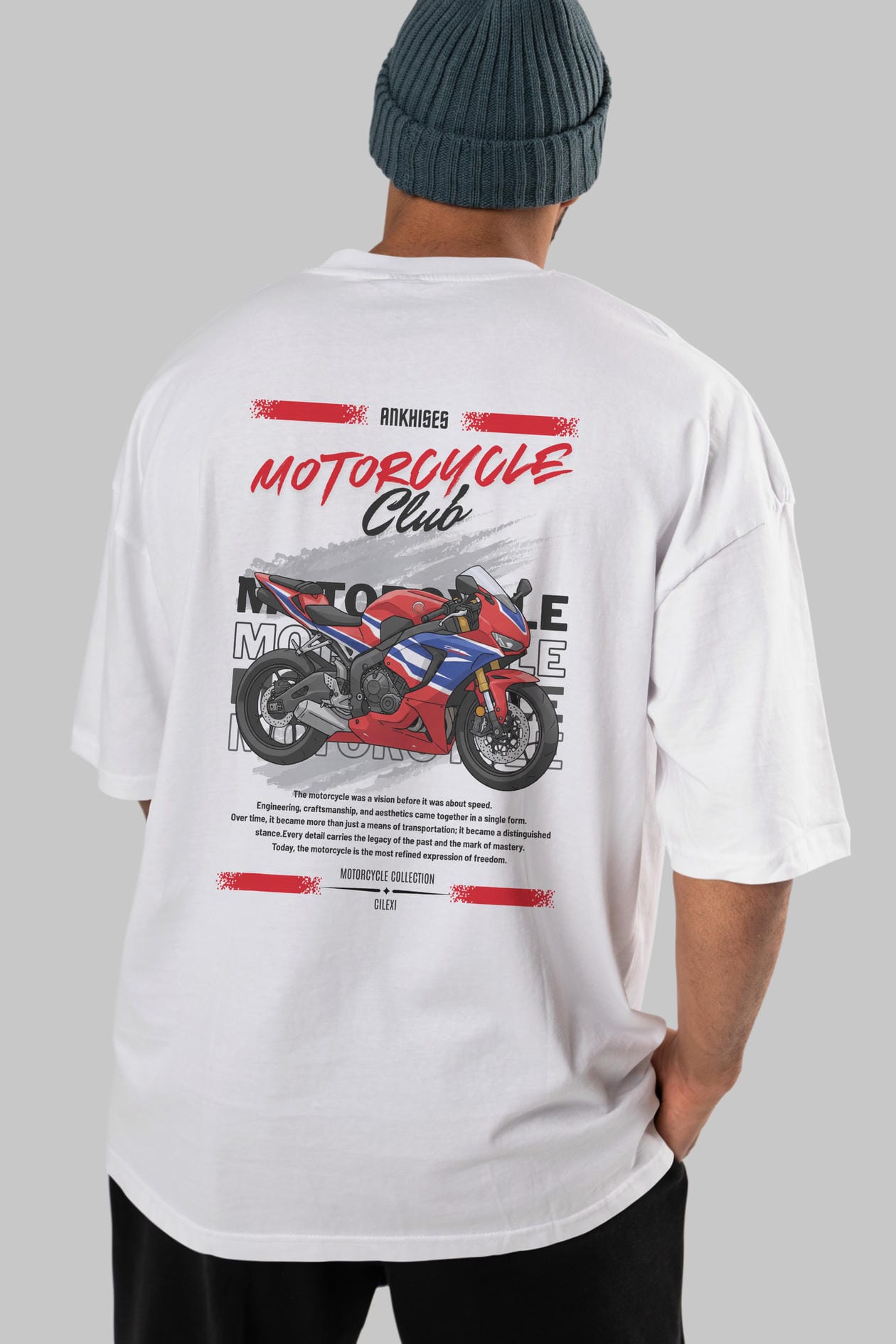 Motosiklet Serisi 25 Arka Baskılı Oversize t-shirt Erkek Kadın %100 Pamuk Bisiklet Yaka tişort