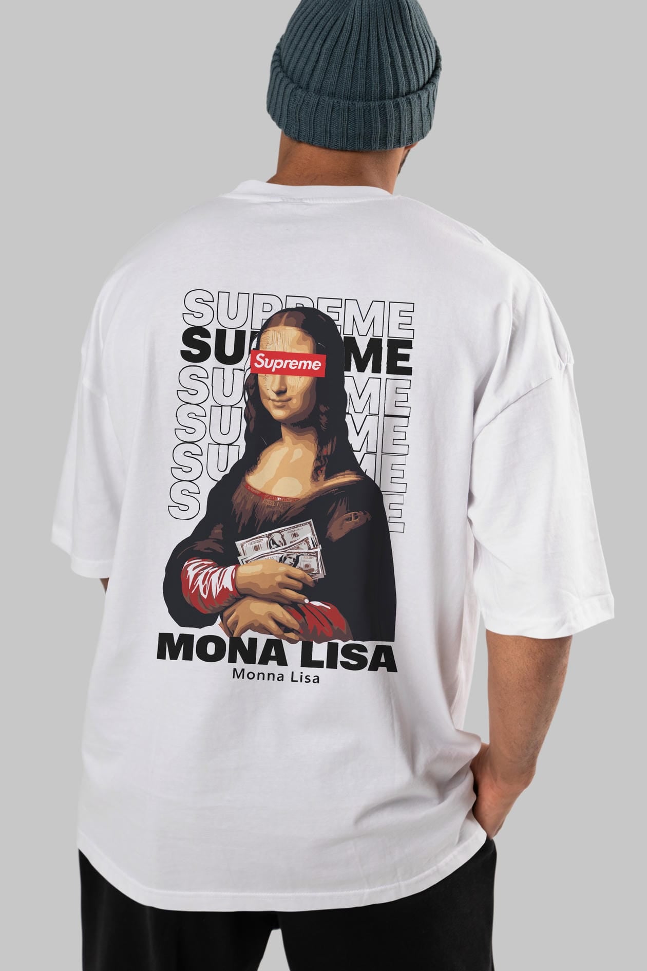 Mona Lisa Supreme Arka Baskılı Oversize t-shirt Erkek Kadın %100 Pamuk Bisiklet Yaka tişort